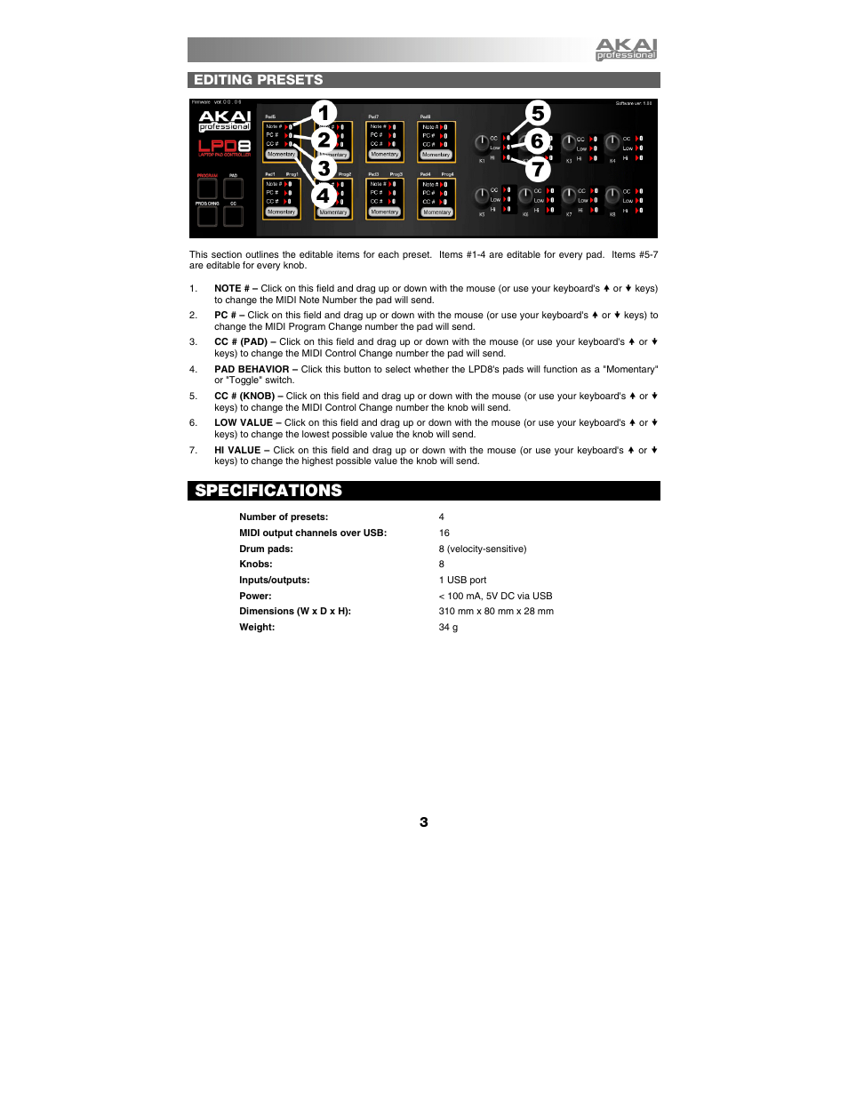 Editing presets, Specifications | Akai LPD8 User Manual | Page 4 / 6