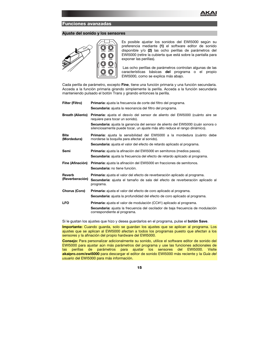 Funciones avanzadas, Ajuste del sonido y los sensores | Akai EWI5000 User Manual | Page 15 / 40