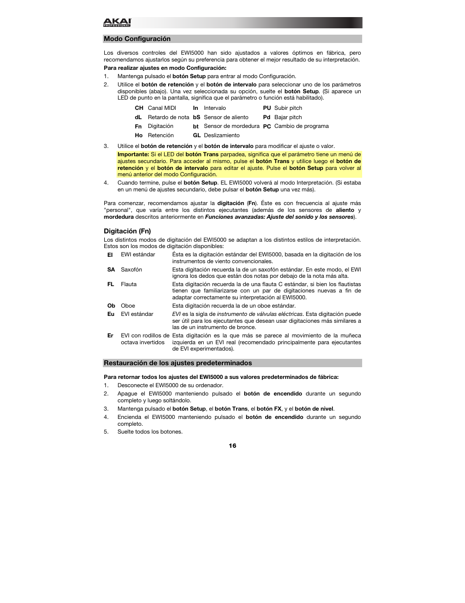 Modo configuración, Digitación (fn), Restauración de los ajustes predeterminados | Akai EWI5000 User Manual | Page 16 / 40