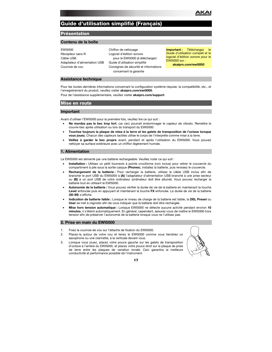 Guide d’utilisation simplifié (français), Présentation, Contenu de la boîte | Assistance technique, Mise en route, Important, Alimentation, Prise en main du ewi5000, Guide d'utilisation simplifié, Français ( 17 – 23 ) | Akai EWI5000 User Manual | Page 17 / 40