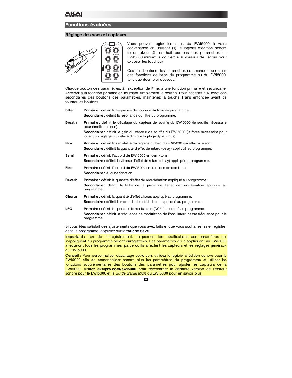 Fonctions évoluées, Réglage des sons et capteurs, Fonctions évoluées : réglages des sons et | Capteurs | Akai EWI5000 User Manual | Page 22 / 40