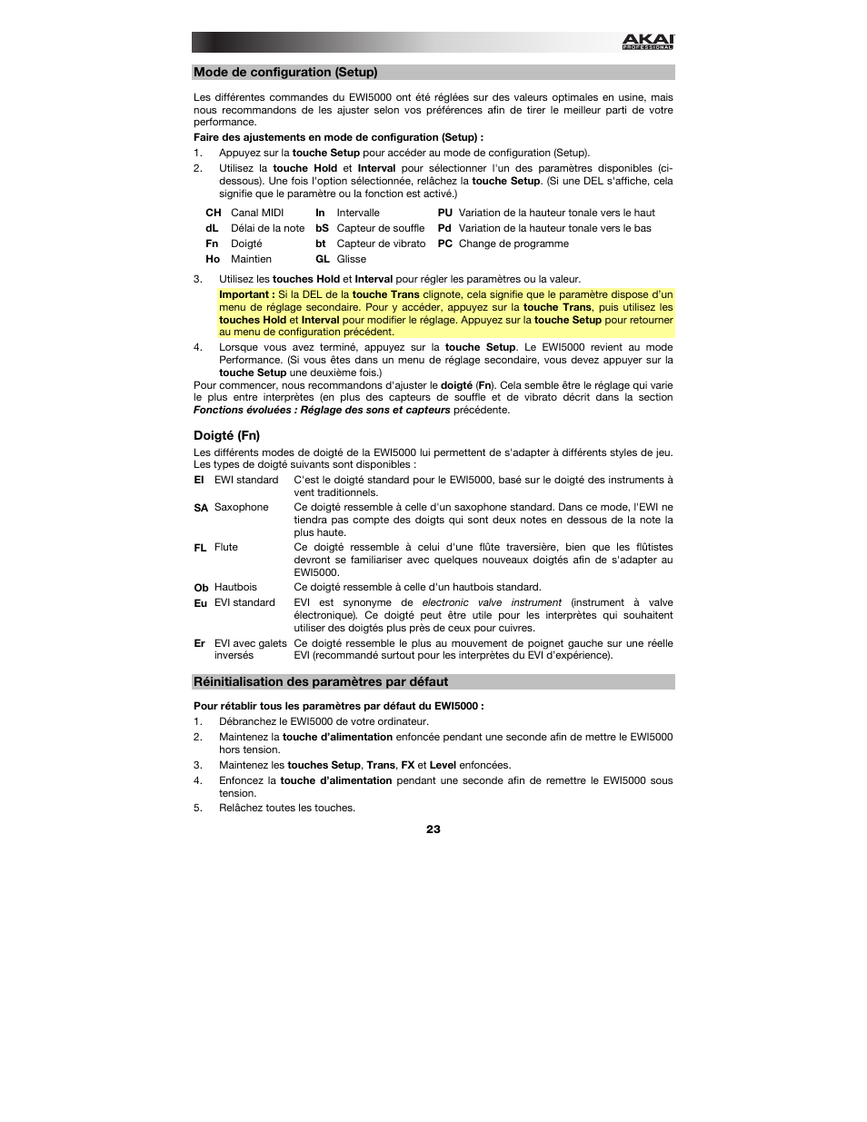 Mode de configuration (setup), Doigté (fn), Réinitialisation des paramètres par défaut | Fonctions évoluées, Mode de configuration | Akai EWI5000 User Manual | Page 23 / 40