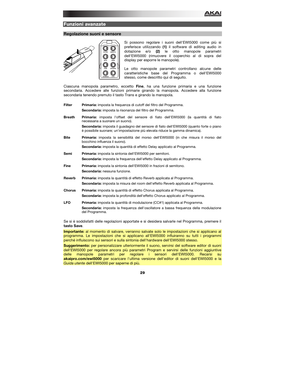 Funzioni avanzate, Regolazione suoni e sensore | Akai EWI5000 User Manual | Page 29 / 40