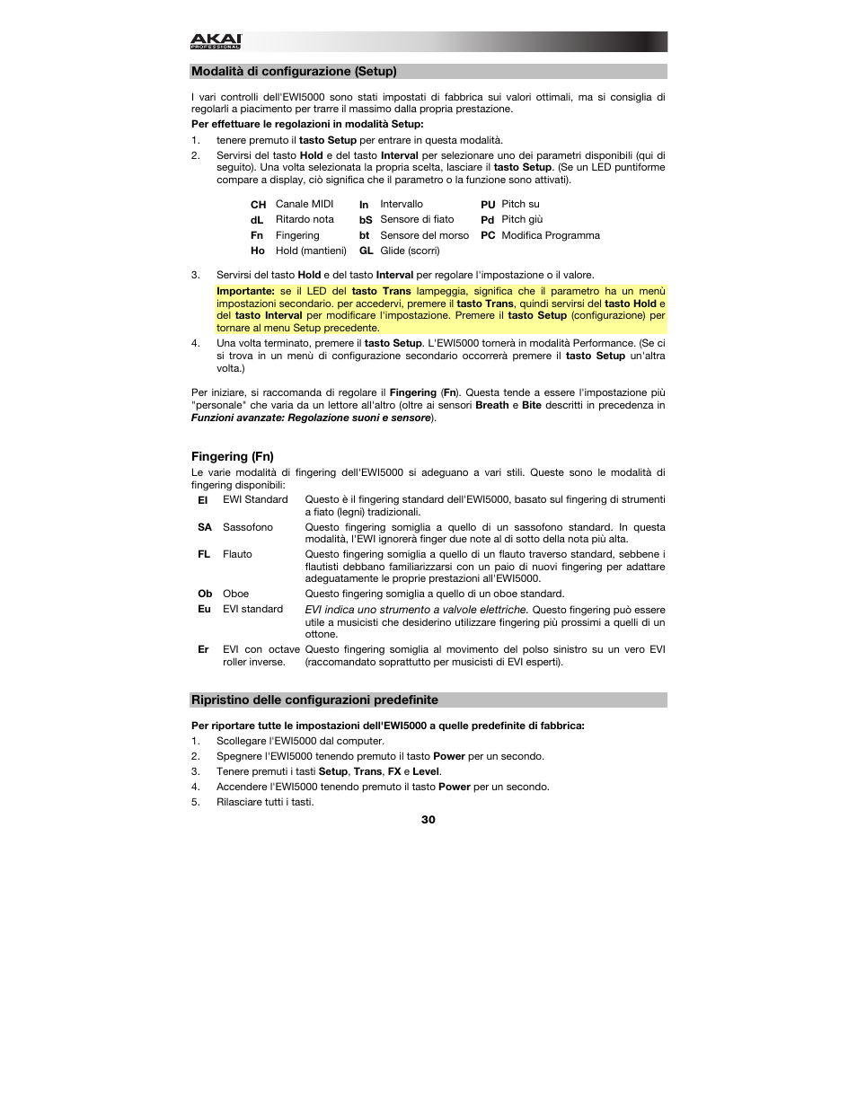 Modalità di configurazione (setup), Fingering (fn), Ripristino delle configurazioni predefinite | Akai EWI5000 User Manual | Page 30 / 40