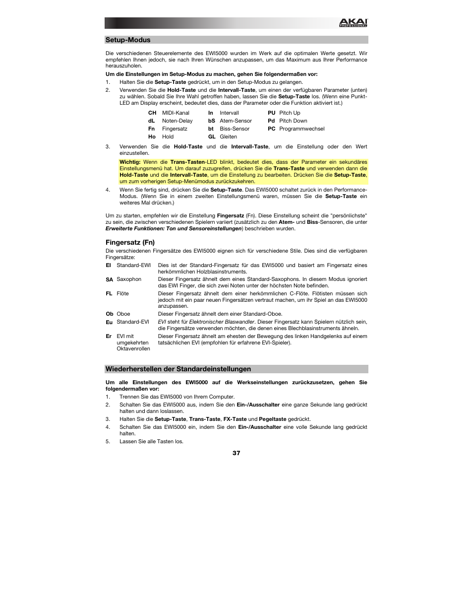 Setup-modus, Fingersatz (fn), Wiederherstellen der standardeinstellungen | Akai EWI5000 User Manual | Page 37 / 40