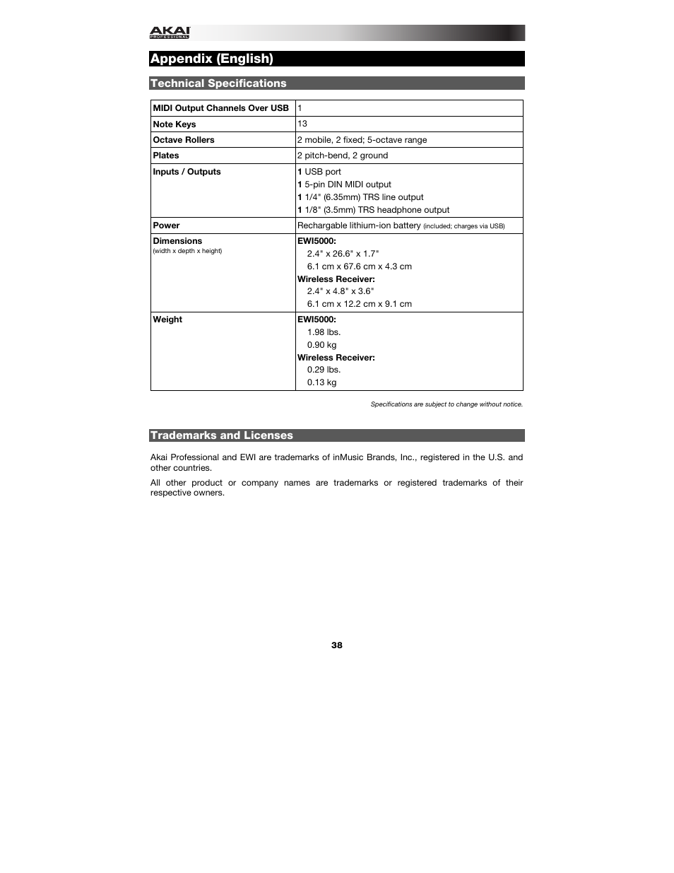 Appendix (english), Technical specifications, Trademarks and licenses | Appendix, English ( 38 ) | Akai EWI5000 User Manual | Page 38 / 40