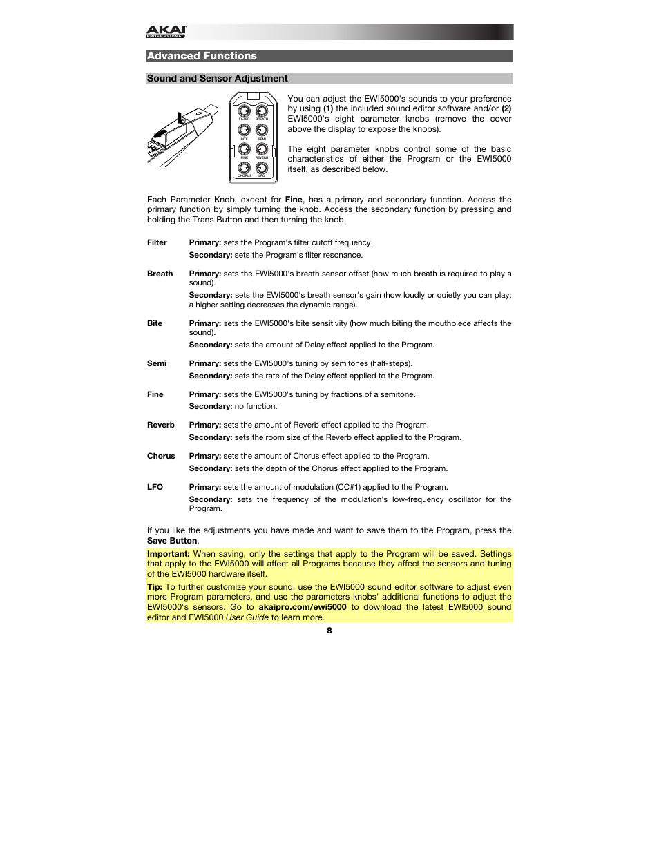 Advanced functions, Sound and sensor adjustment | Akai EWI5000 User Manual | Page 8 / 40