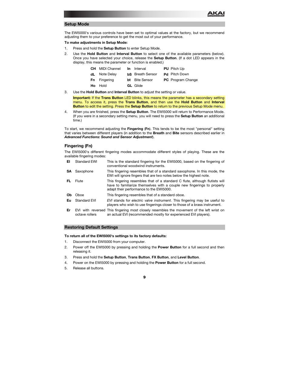 Setup mode, Fingering (fn), Restoring default settings | Akai EWI5000 User Manual | Page 9 / 40