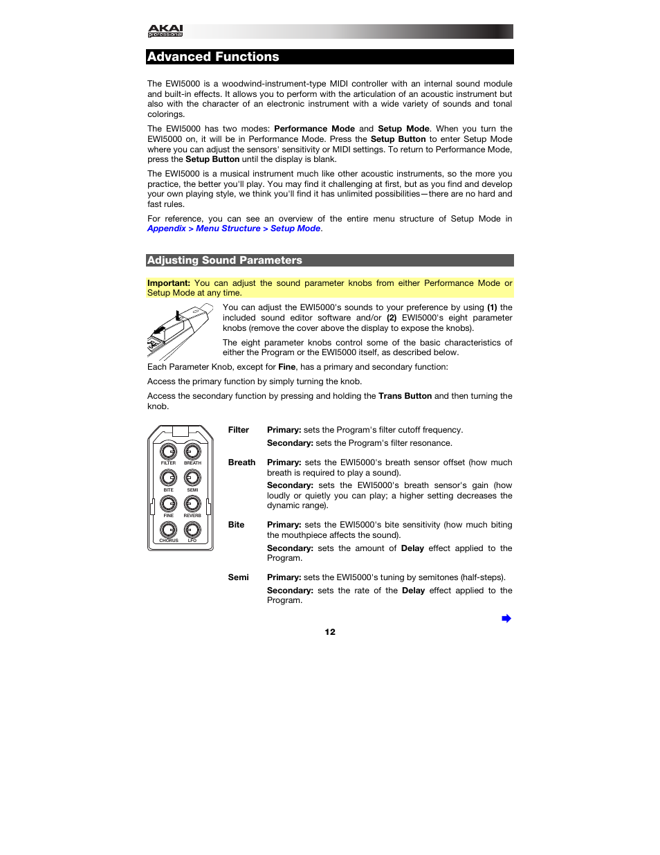 Advanced functions, Adjusting sound parameters | Akai EWI5000 User Manual | Page 12 / 49