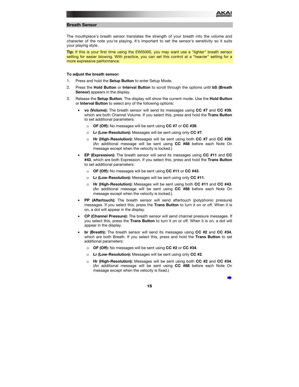 Breath sensor | Akai EWI5000 User Manual | Page 15 / 49