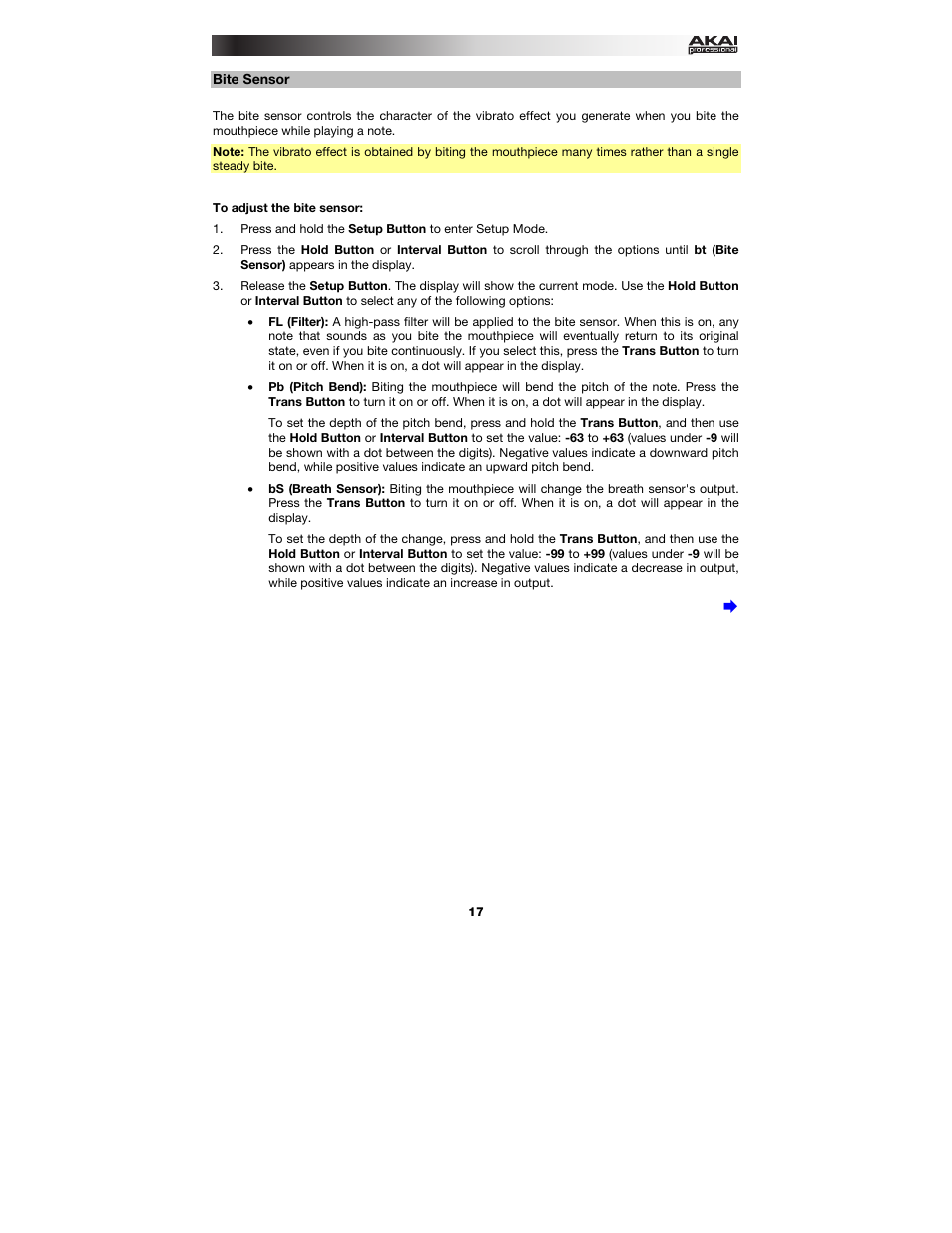 Bite sensor | Akai EWI5000 User Manual | Page 17 / 49