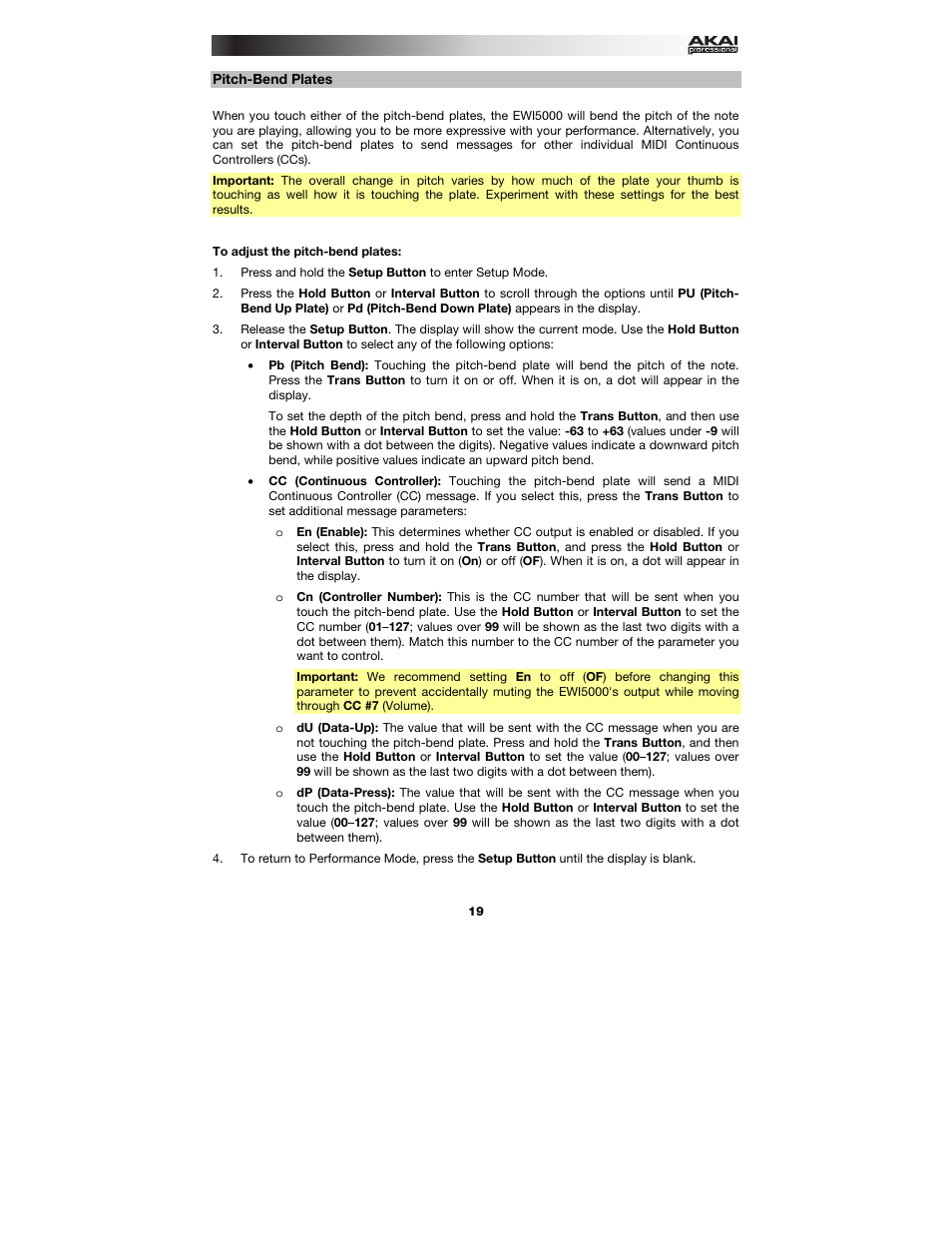 Pitch-bend plates, Plates | Akai EWI5000 User Manual | Page 19 / 49