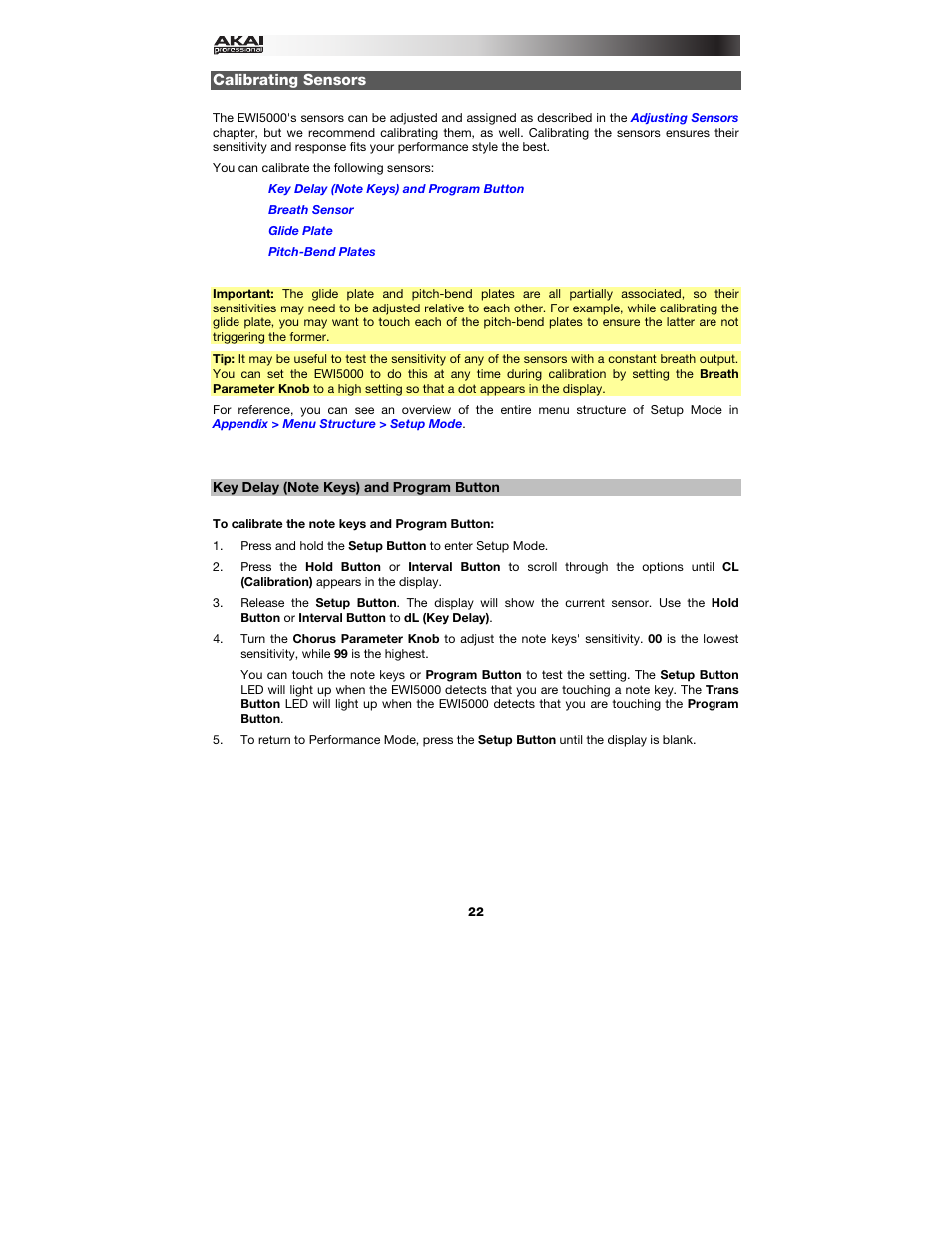 Calibrating sensors, Key delay (note keys) and program button | Akai EWI5000 User Manual | Page 22 / 49