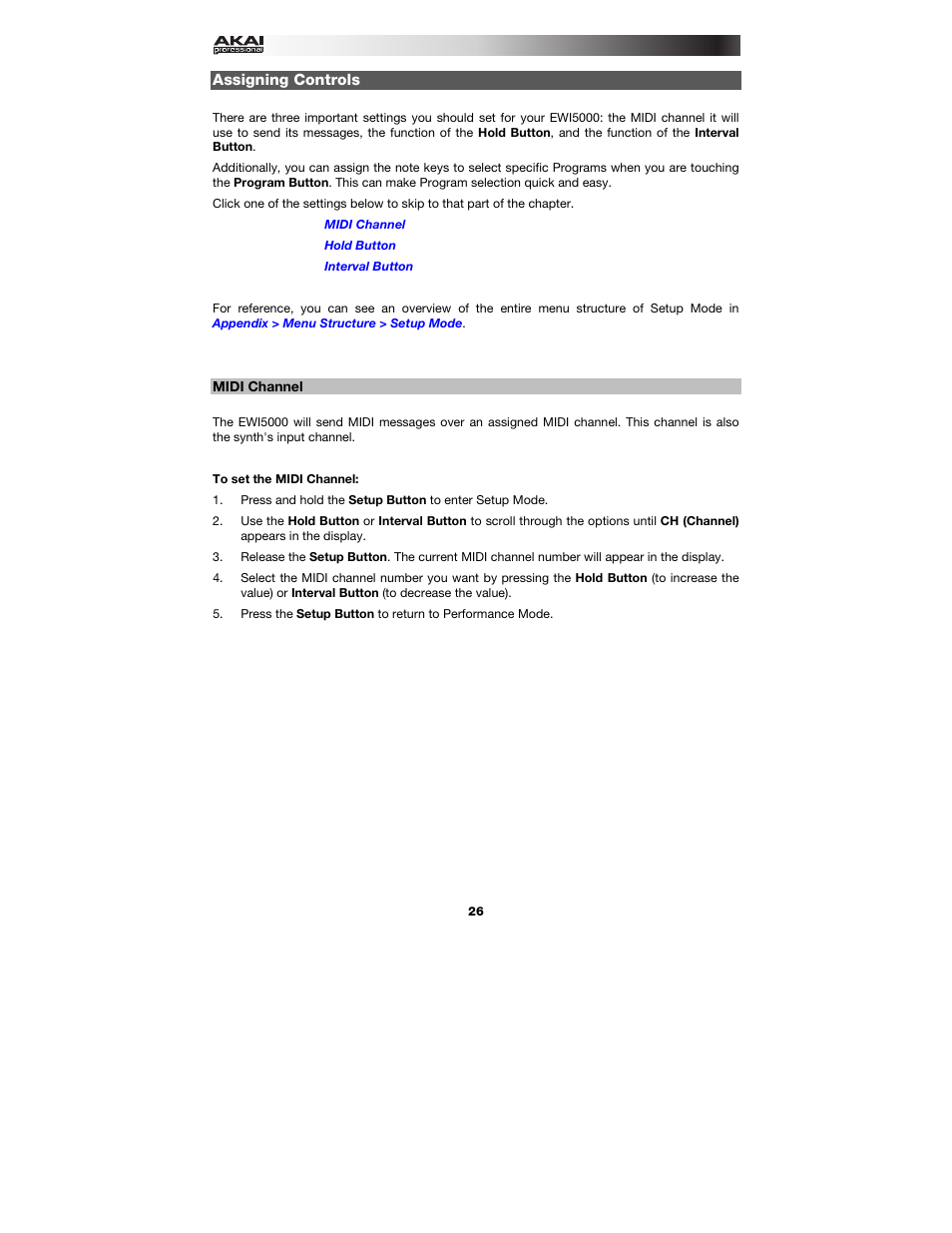 Assigning controls, Midi channel | Akai EWI5000 User Manual | Page 26 / 49