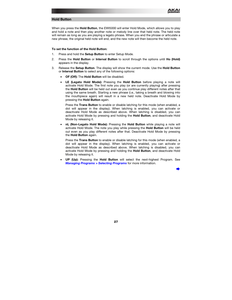 Hold button | Akai EWI5000 User Manual | Page 27 / 49