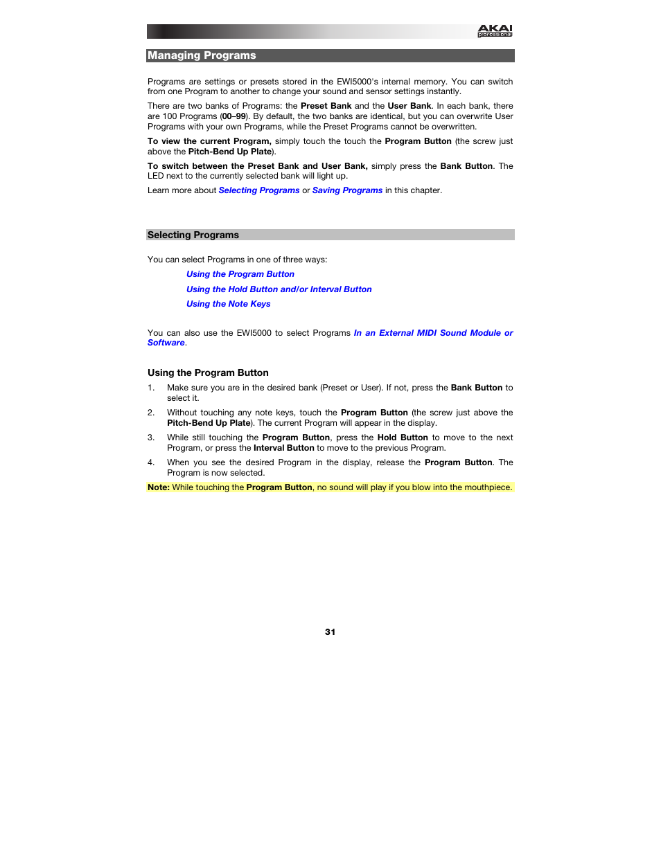 Managing programs, Selecting programs, Using the program button | Akai EWI5000 User Manual | Page 31 / 49