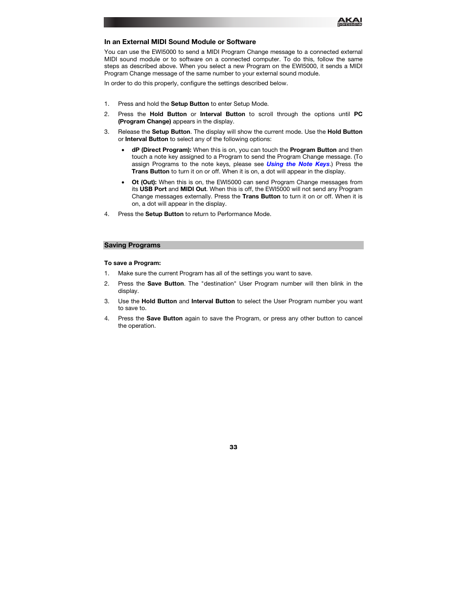 In an external midi sound module or software, Saving programs, In this c | You can also use the ewi5000 to select programs, In an external midi sound module or, Software, An external midi sound module or software | Akai EWI5000 User Manual | Page 33 / 49