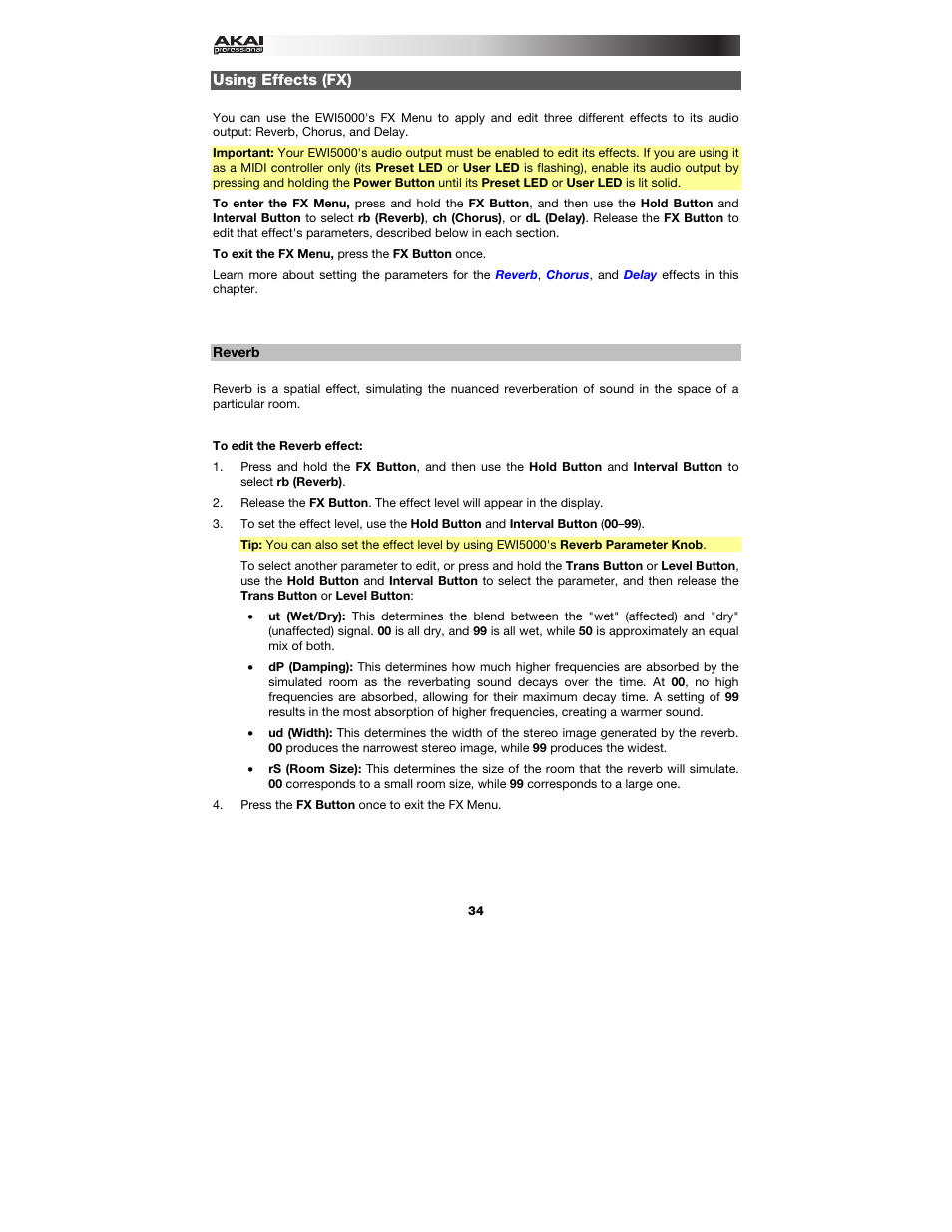 Using effects (fx), Reverb | Akai EWI5000 User Manual | Page 34 / 49