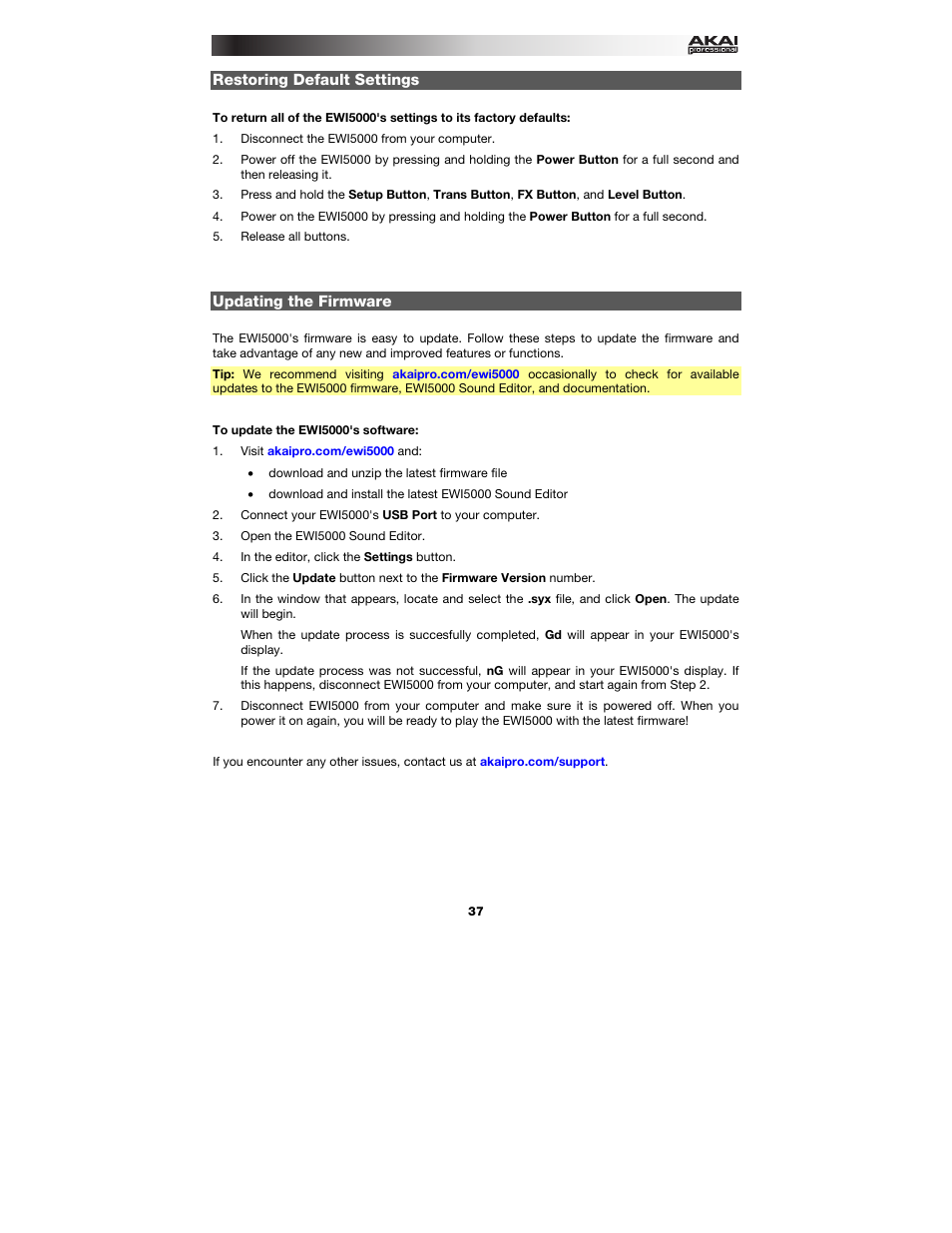 Restoring default settings, Updating the firmware | Akai EWI5000 User Manual | Page 37 / 49