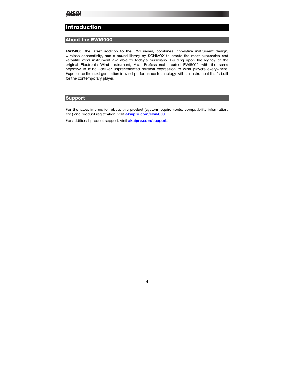 Introduction, About the ewi5000, Support | Akai EWI5000 User Manual | Page 4 / 49