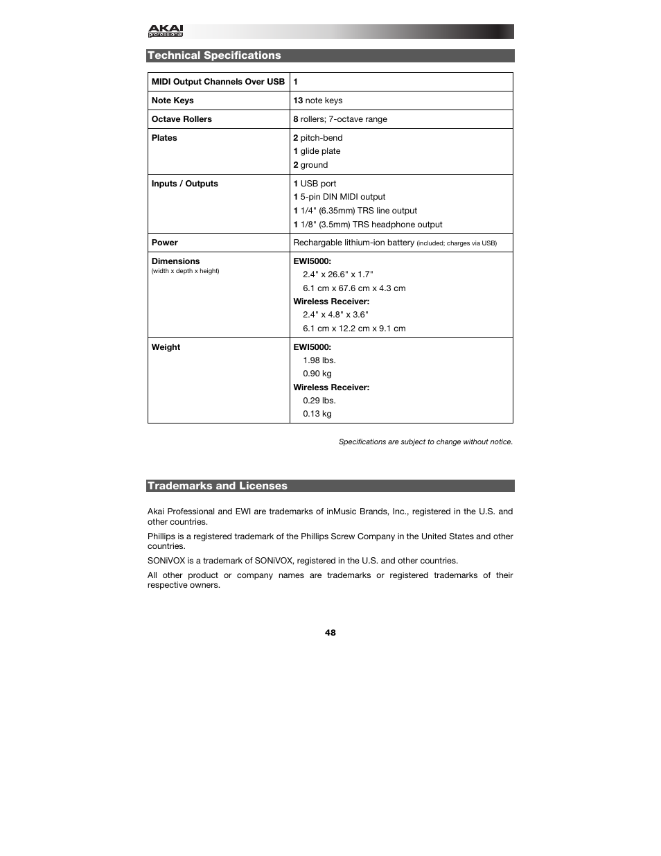 Technical specifications, Trademarks and licenses | Akai EWI5000 User Manual | Page 48 / 49