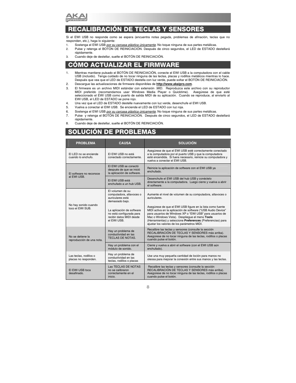 Recalibración de teclas y sensores, Cómo actualizar el firmware, Solución de problemas | Akai ewi_usb User Manual | Page 10 / 32