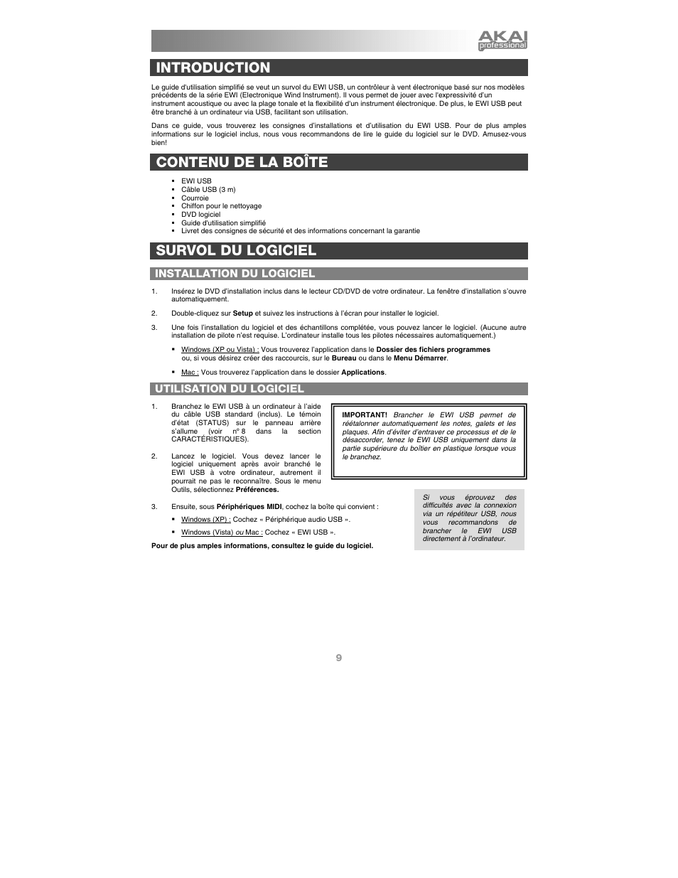 Français, Introduction, Contenu de la boîte | Survol du logiciel, Installation du logiciel, Utilisation du logiciel | Akai ewi_usb User Manual | Page 11 / 32