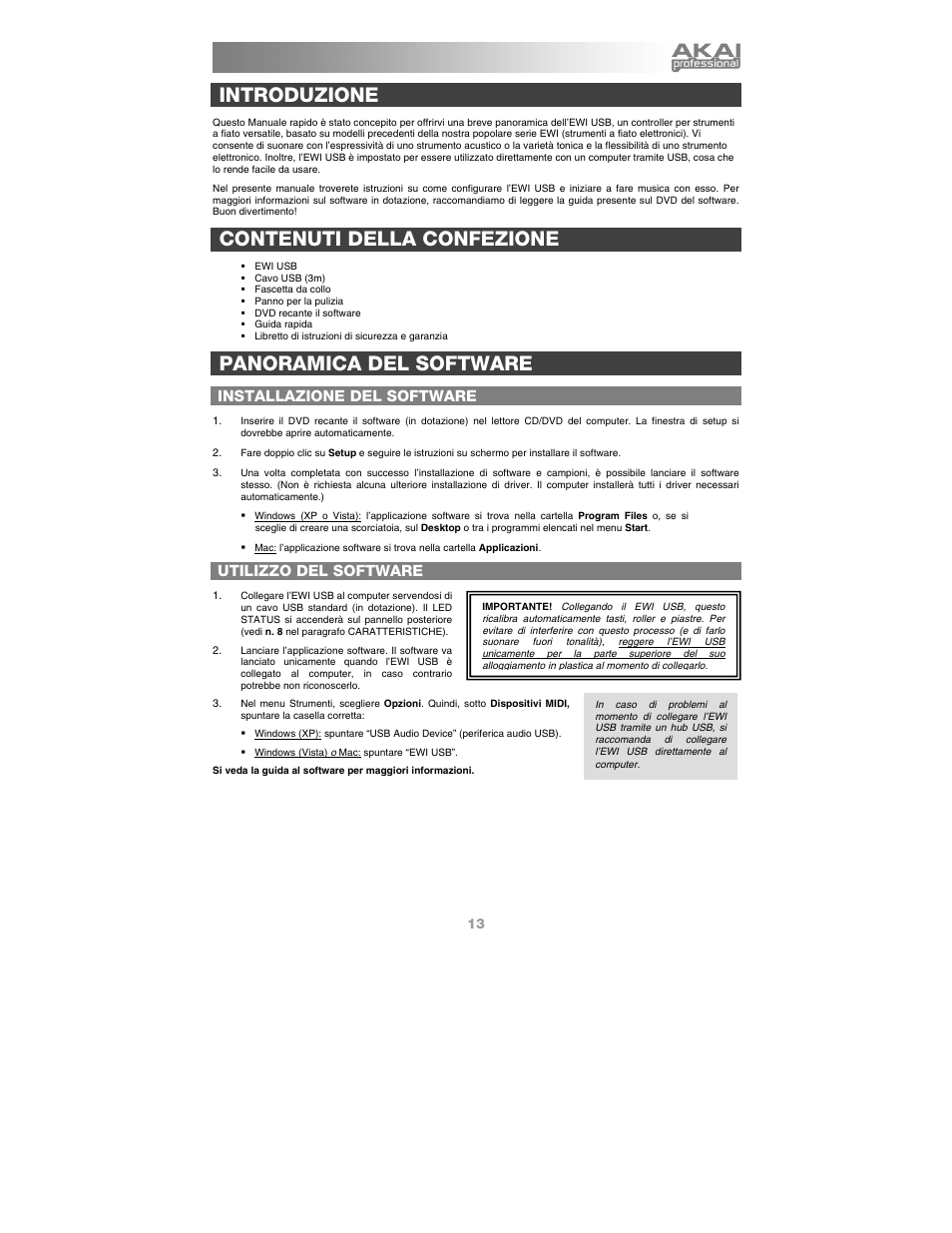 Italiano, Contenuti della confezione, Panoramica del software | Introduzione | Akai ewi_usb User Manual | Page 15 / 32