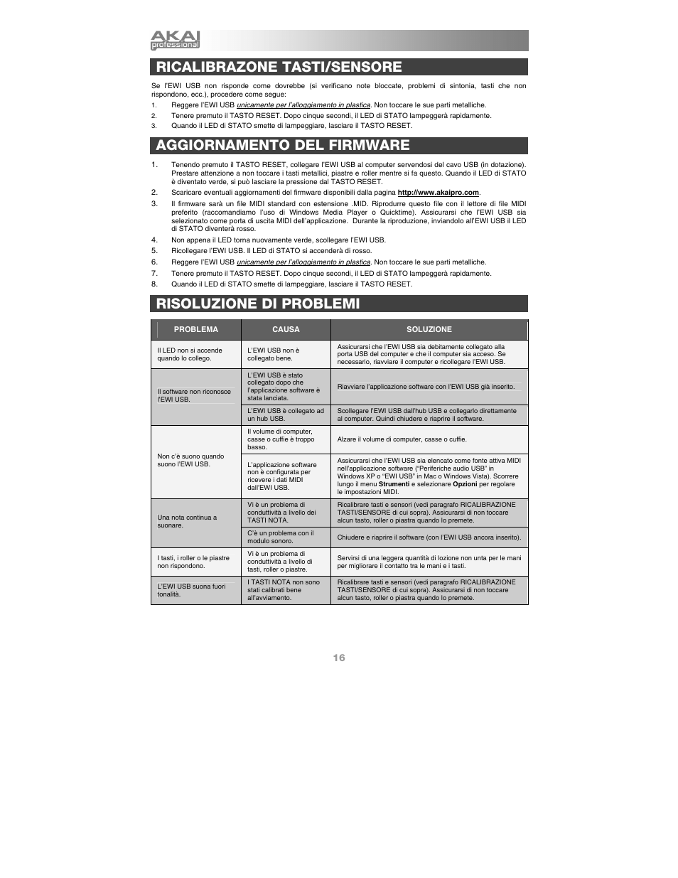 Ricalibrazone tasti/sensore, Aggiornamento del firmware, Risoluzione di problemi | Akai ewi_usb User Manual | Page 18 / 32