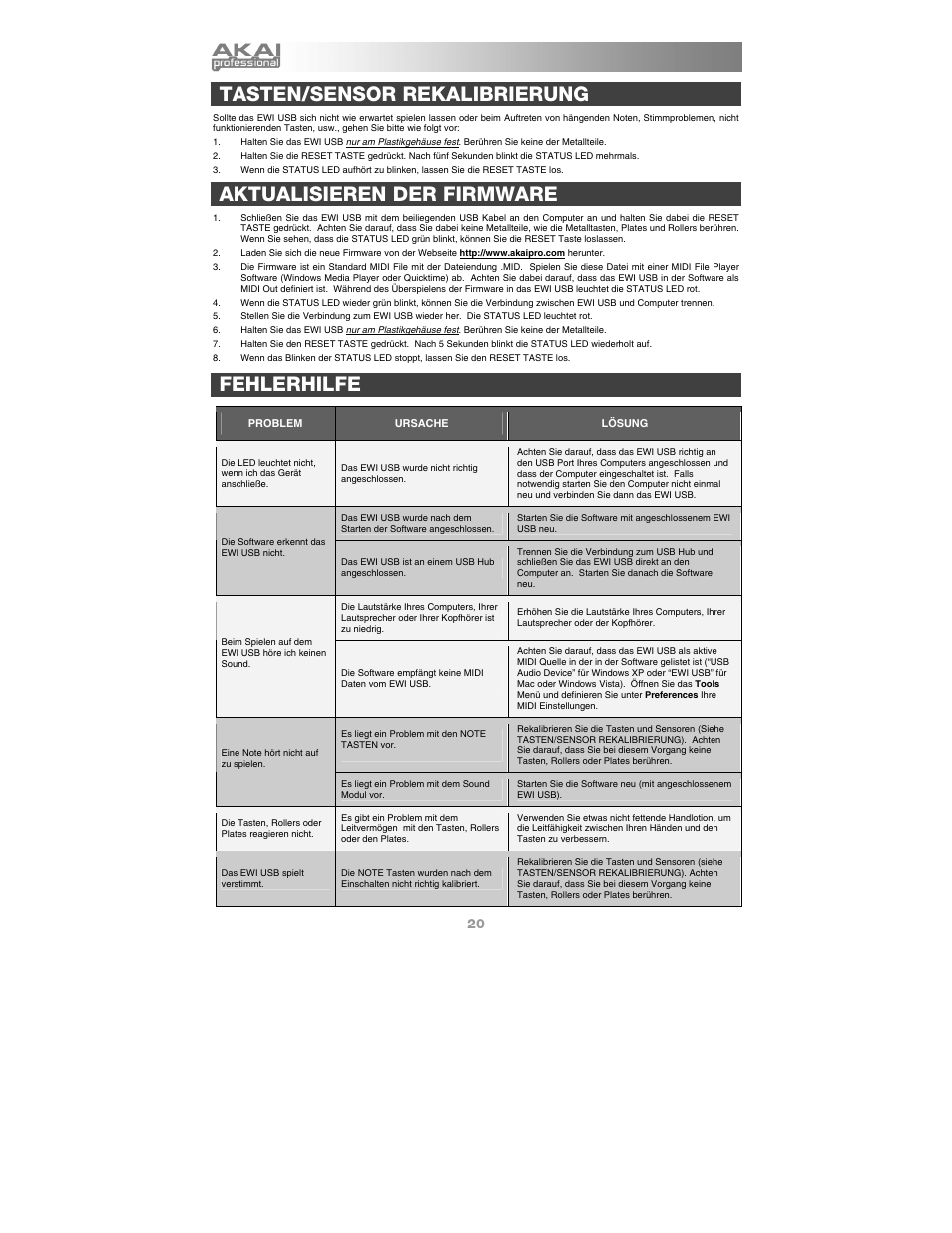 Tasten/sensor rekalibrierung, Aktualisieren der firmware, Fehlerhilfe | Akai ewi_usb User Manual | Page 22 / 32