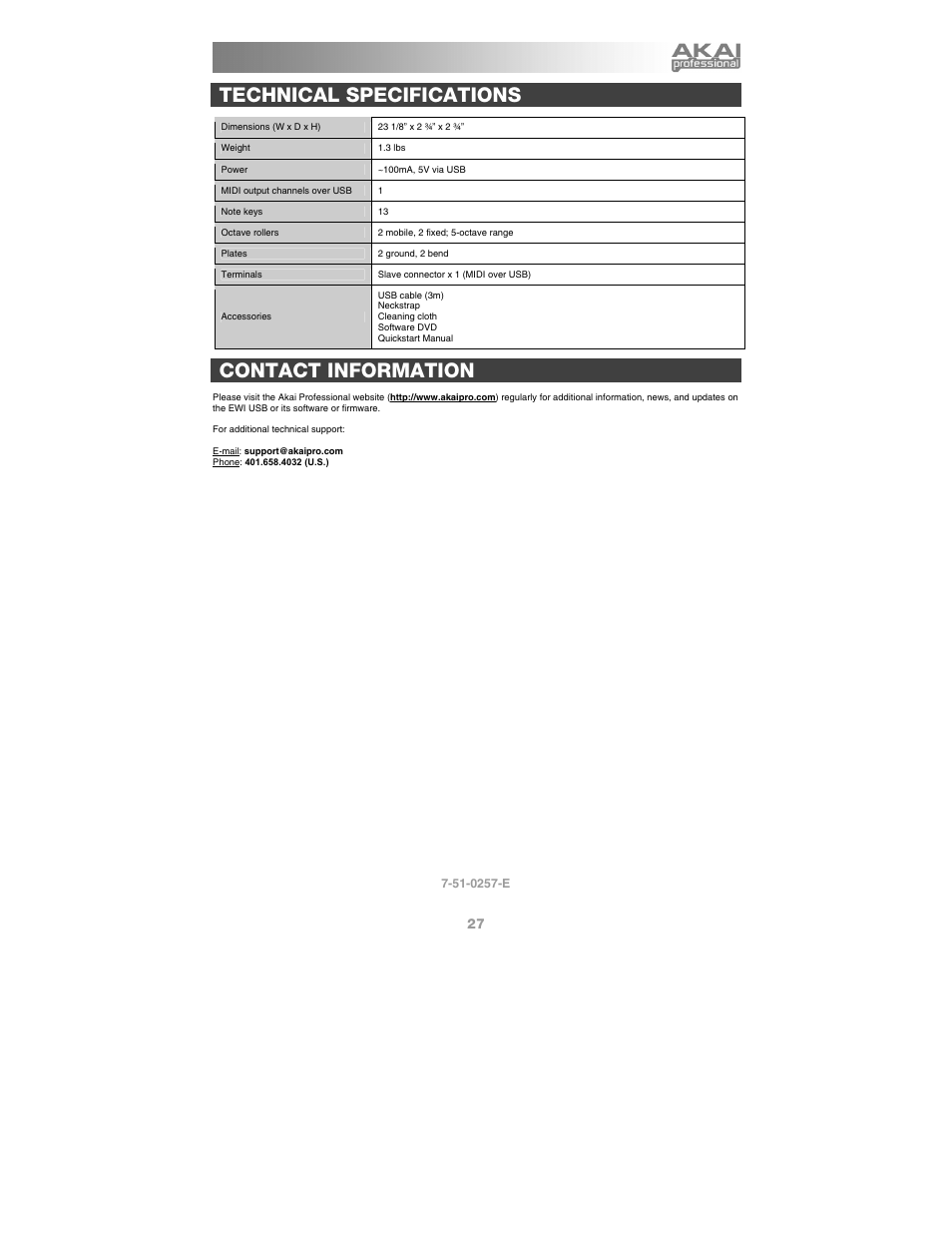 Technical specifications, Contact information | Akai ewi_usb User Manual | Page 29 / 32