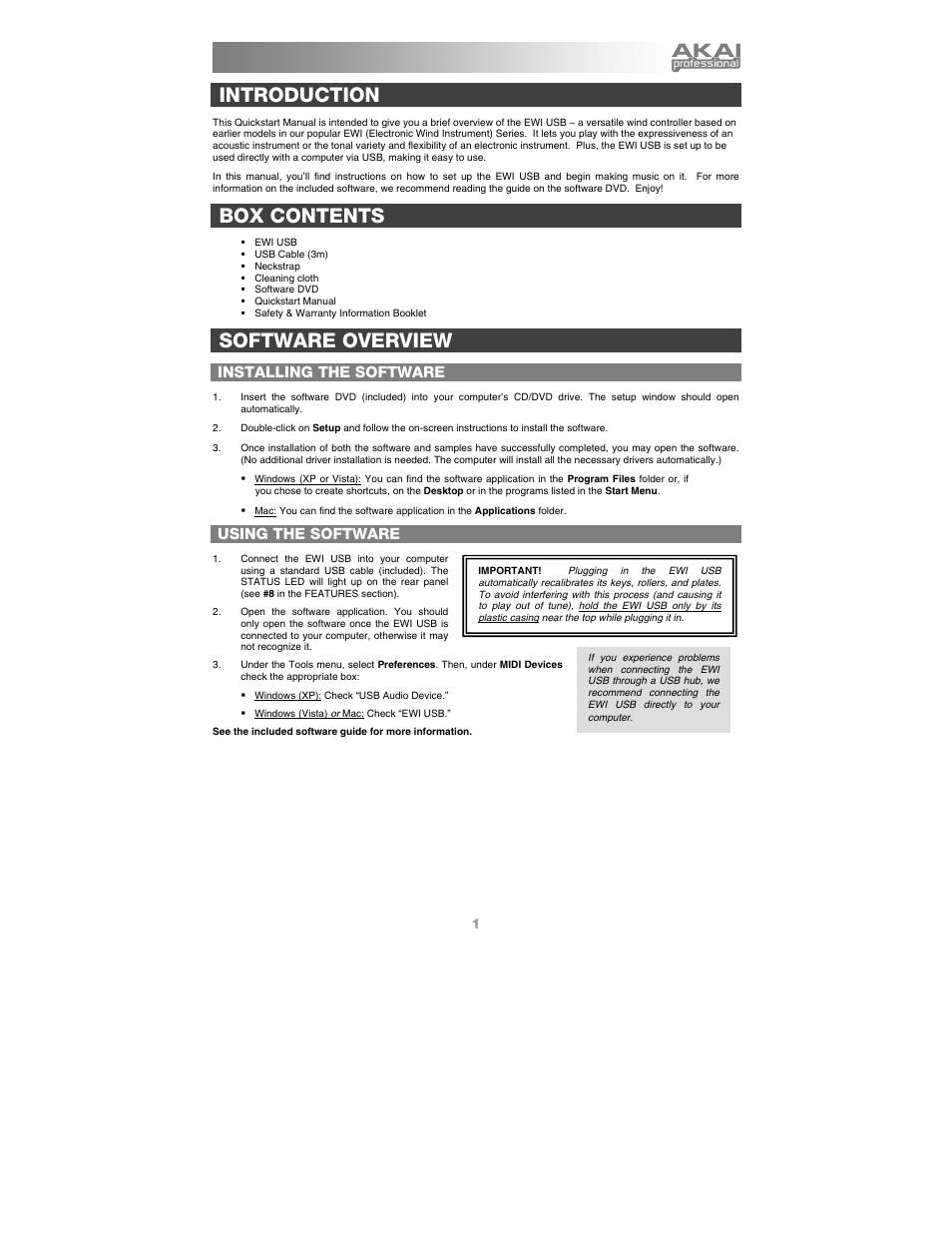 English, Introduction, Box contents | Software overview, Installing the software, Using the software | Akai ewi_usb User Manual | Page 3 / 32