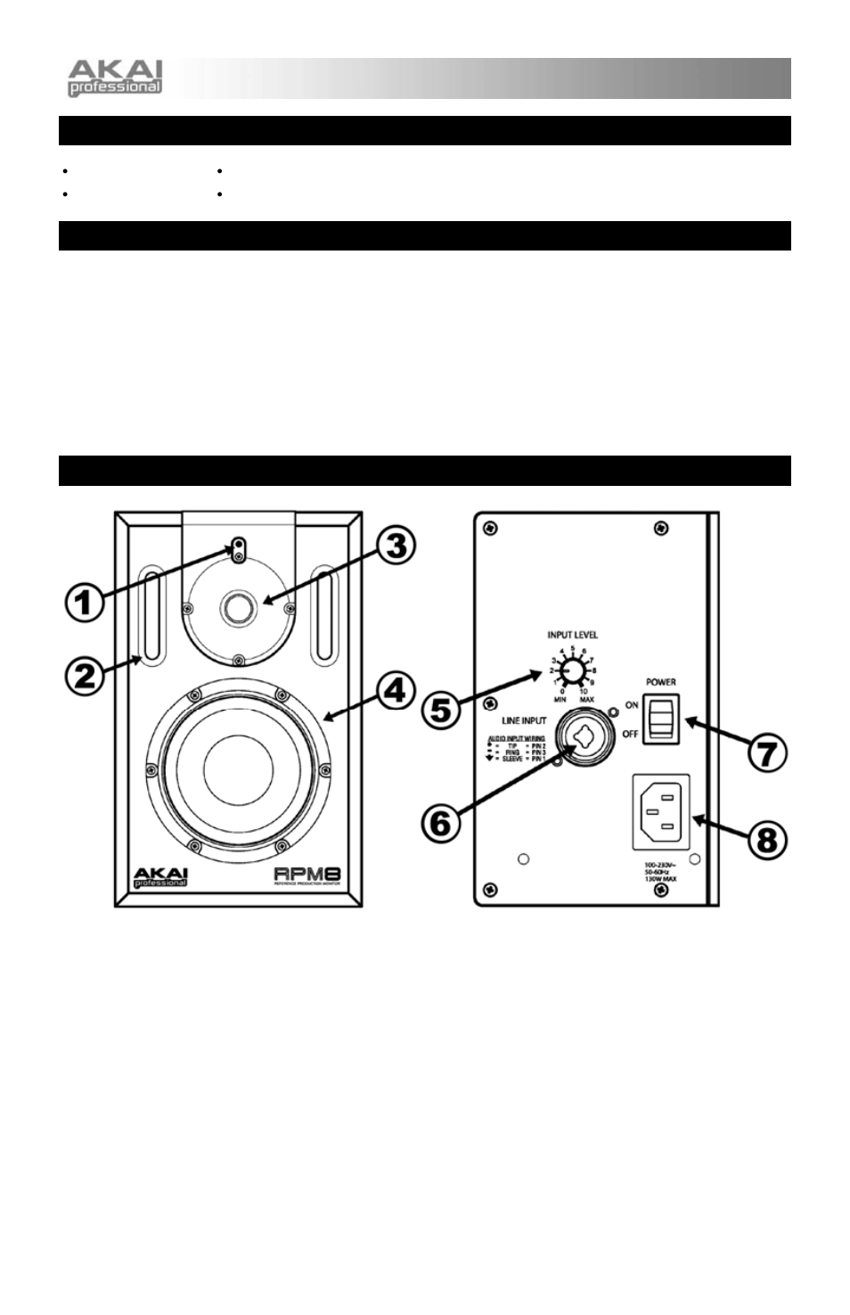 Box contents, Quick setup, Top panel overview | Akai rpm8 User Manual | Page 3 / 10