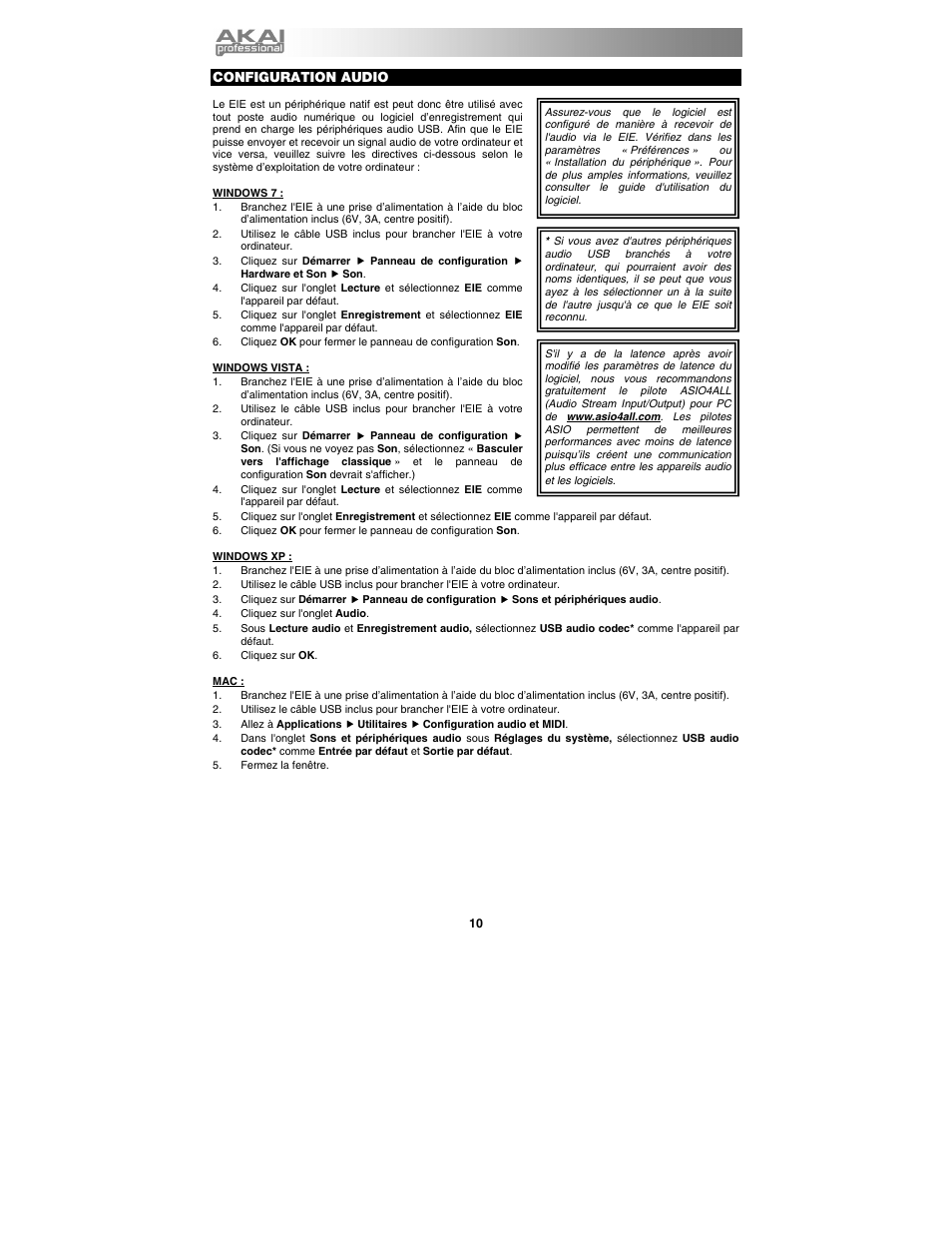 Configuration audio | Akai eie User Manual | Page 10 / 20