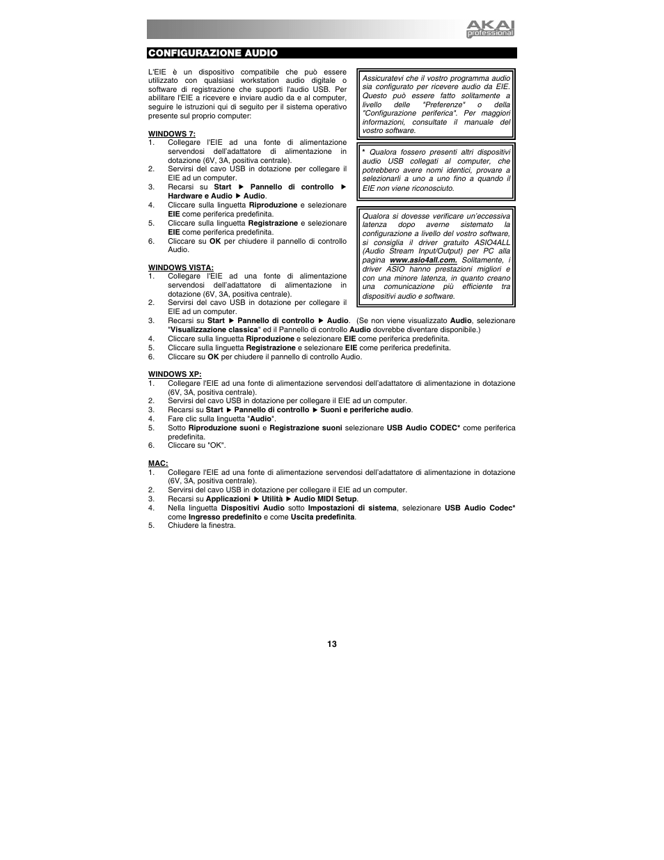 Configurazione audio | Akai eie User Manual | Page 13 / 20
