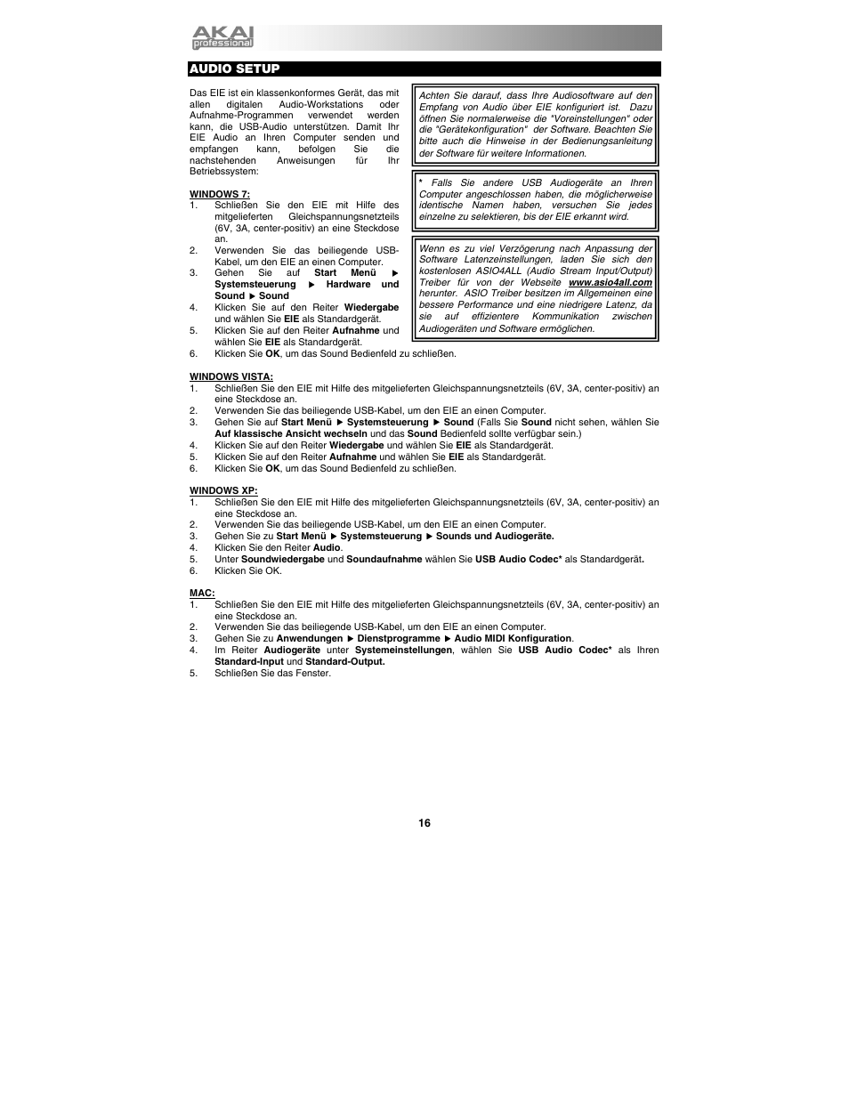 Audio setup | Akai eie User Manual | Page 16 / 20