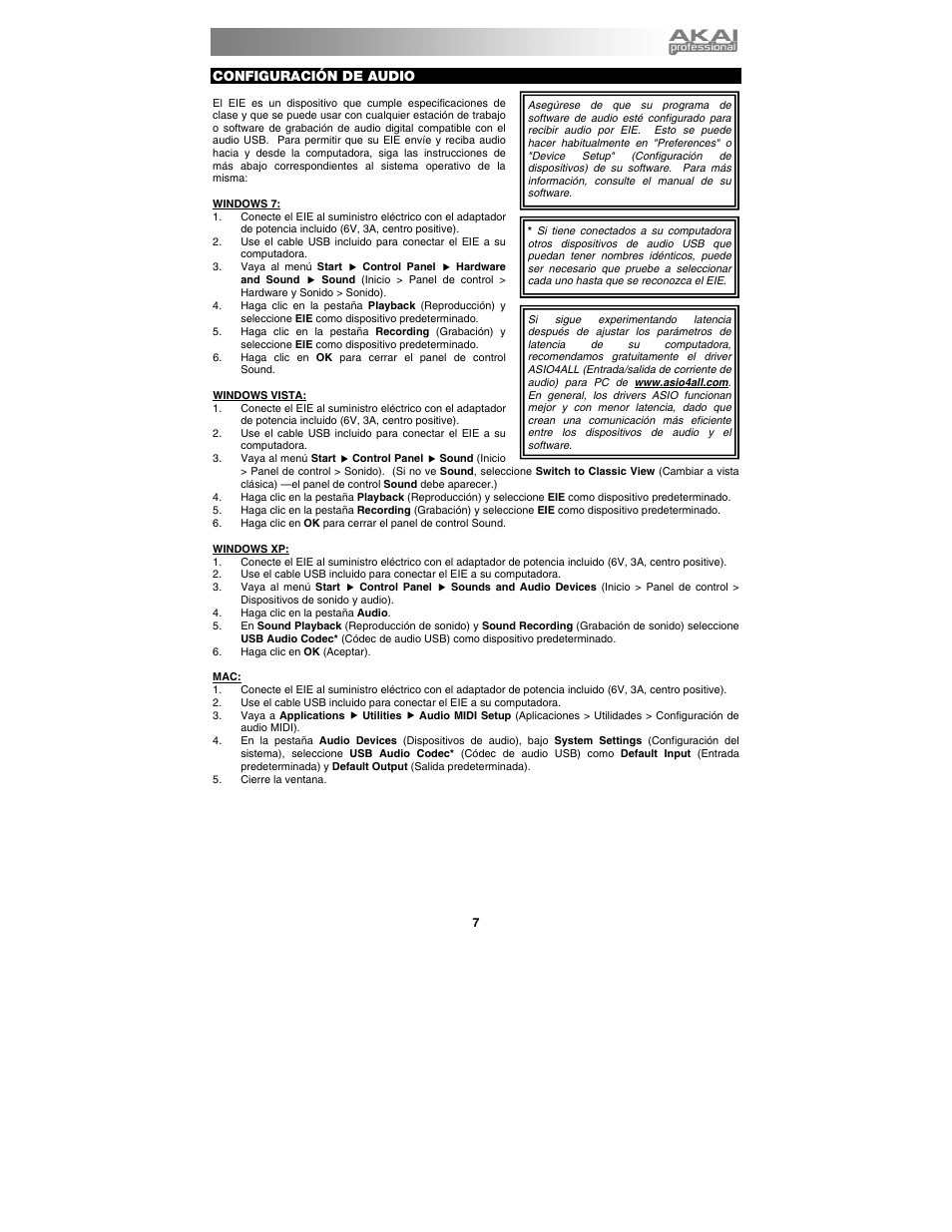 Configuración de audio | Akai eie User Manual | Page 7 / 20
