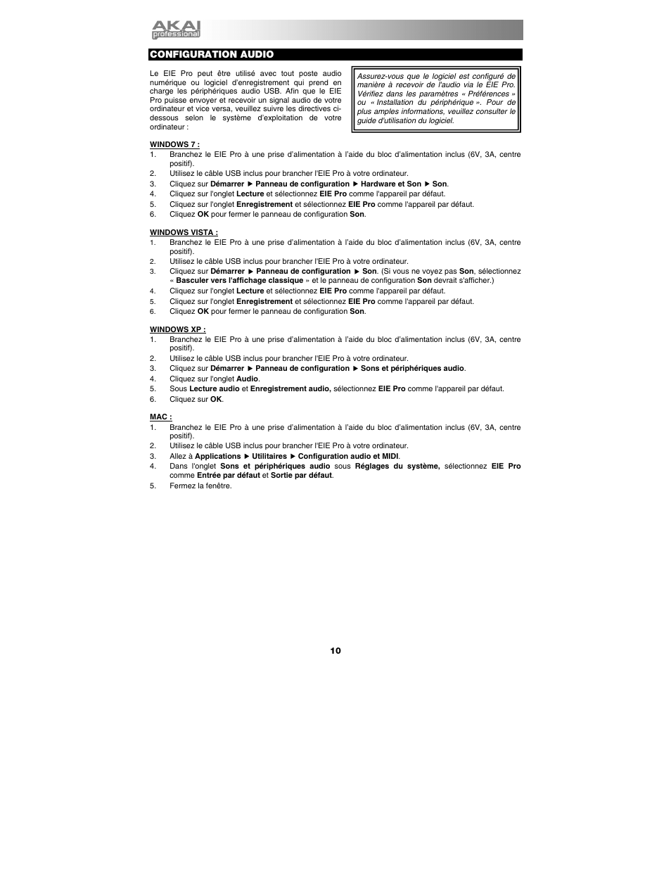 Configuration audio | Akai eie_pro User Manual | Page 10 / 20