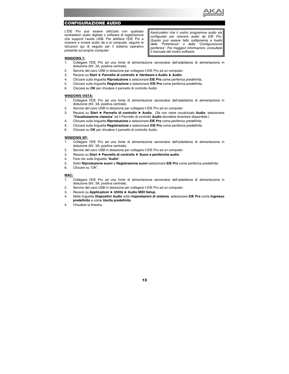 Configurazione audio | Akai eie_pro User Manual | Page 13 / 20