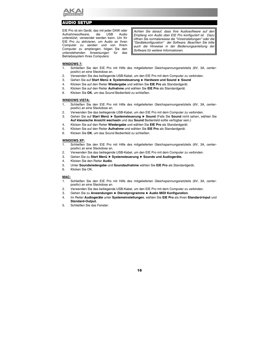 Audio setup | Akai eie_pro User Manual | Page 16 / 20