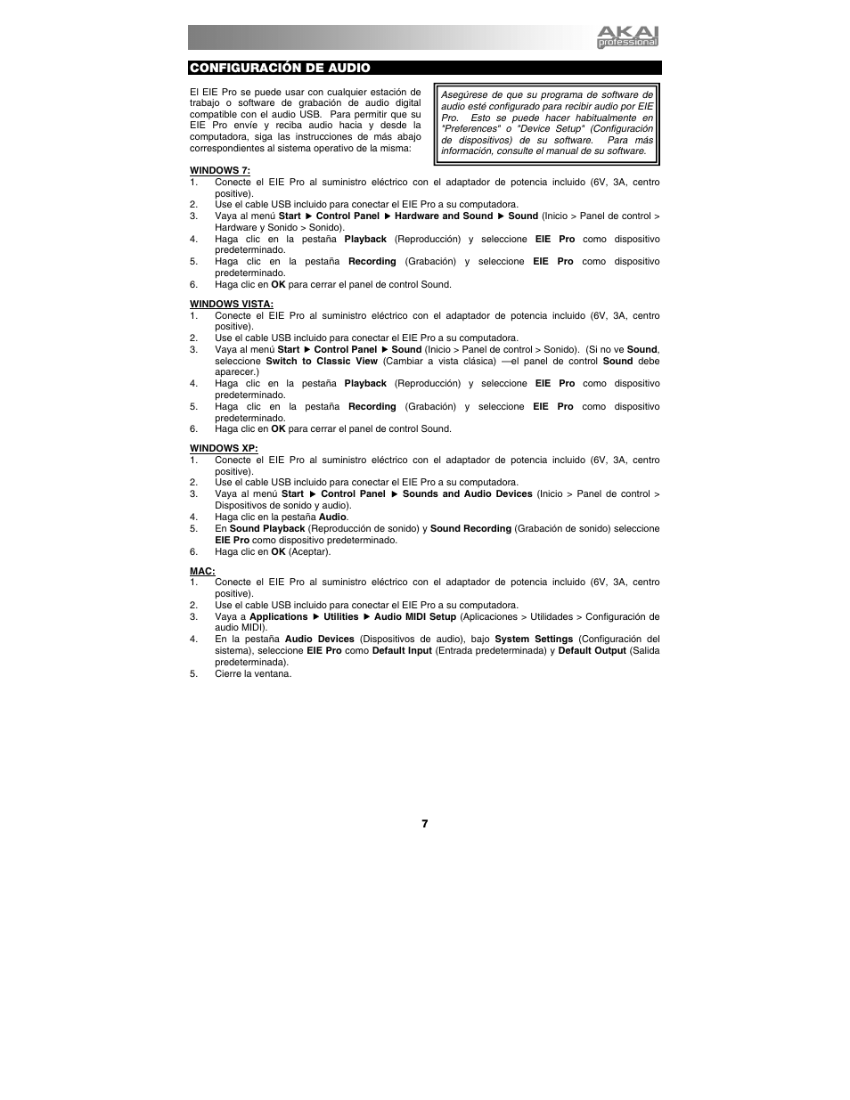 Configuración de audio | Akai eie_pro User Manual | Page 7 / 20
