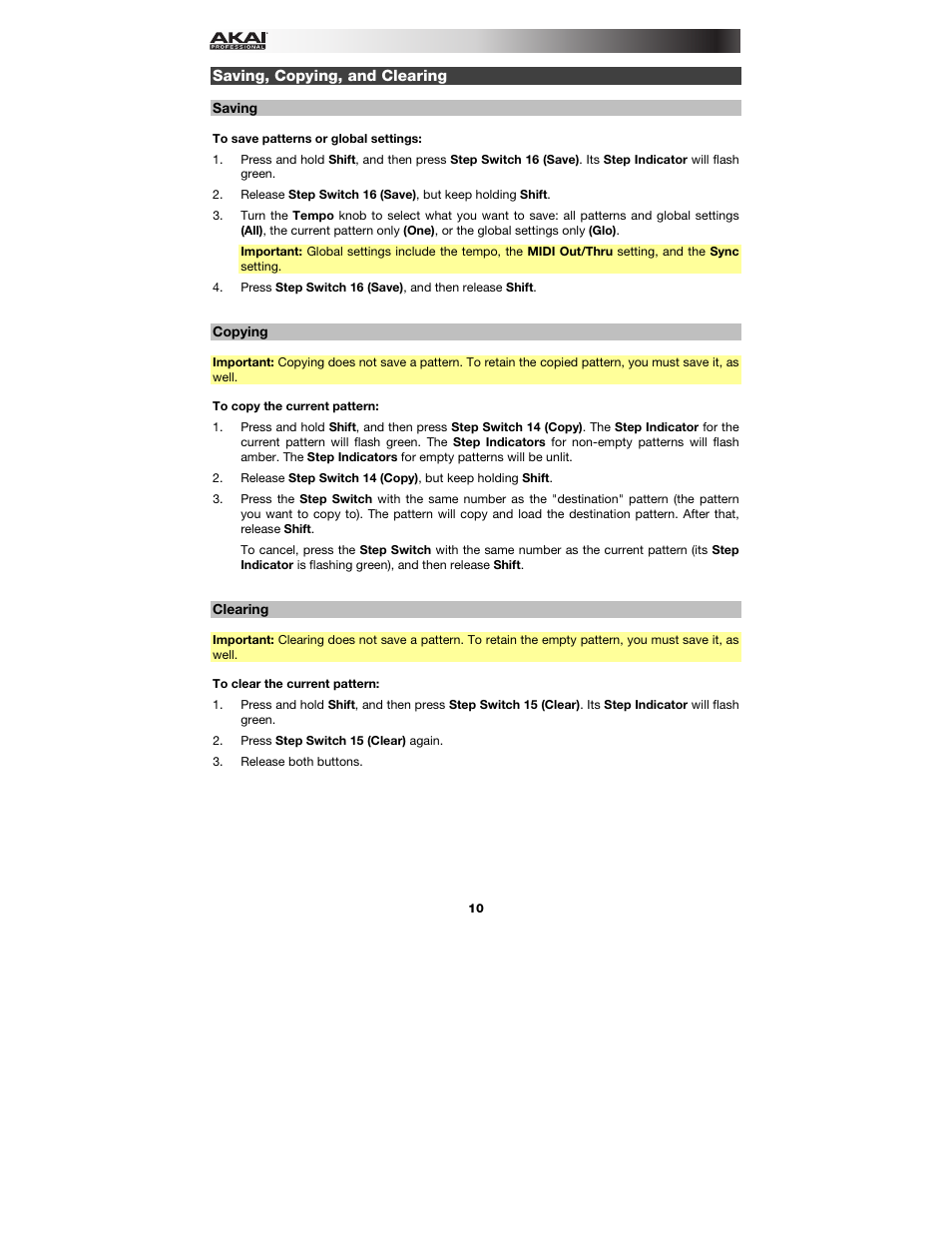 Saving, copying, and clearing, Saving, Copying | Clearing, E the | Akai Rhythm Wolf User Manual | Page 10 / 48