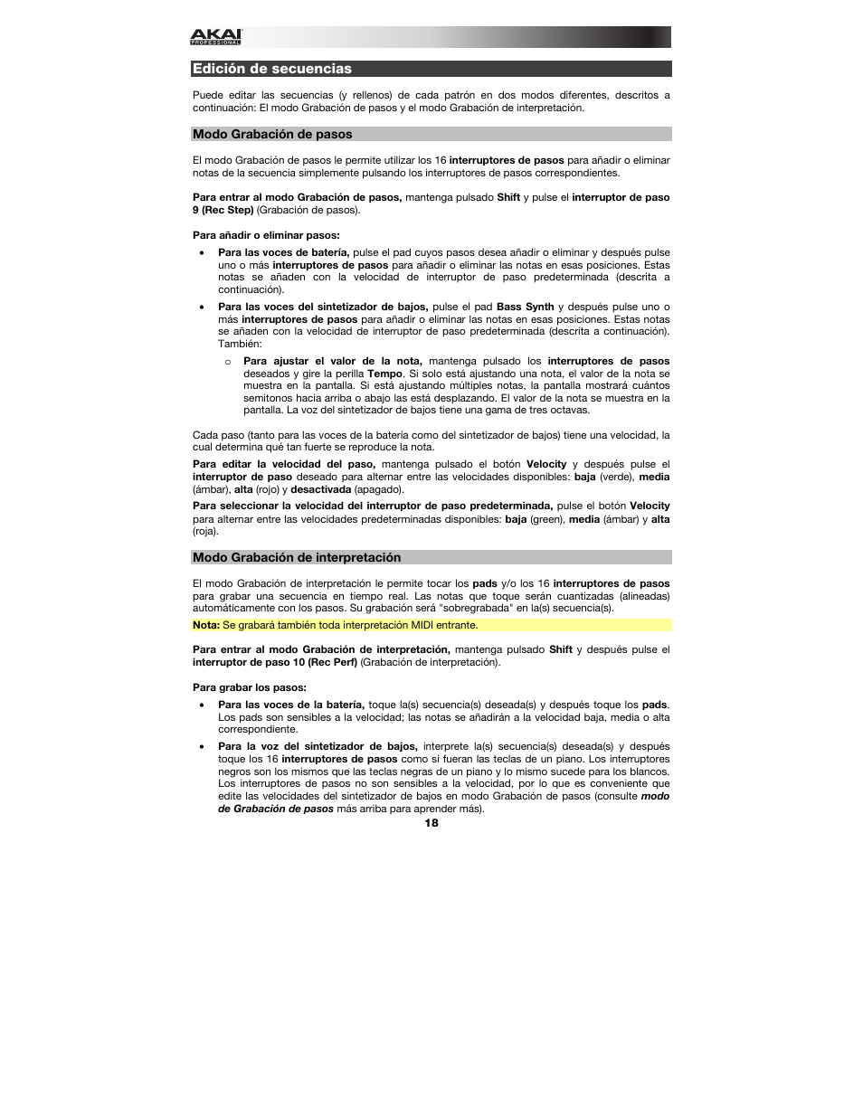 Edición de secuencias, Modo grabación de pasos, Modo grabación de interpretación | De es, Ección, Modo, Grabación de pasos | Akai Rhythm Wolf User Manual | Page 18 / 48