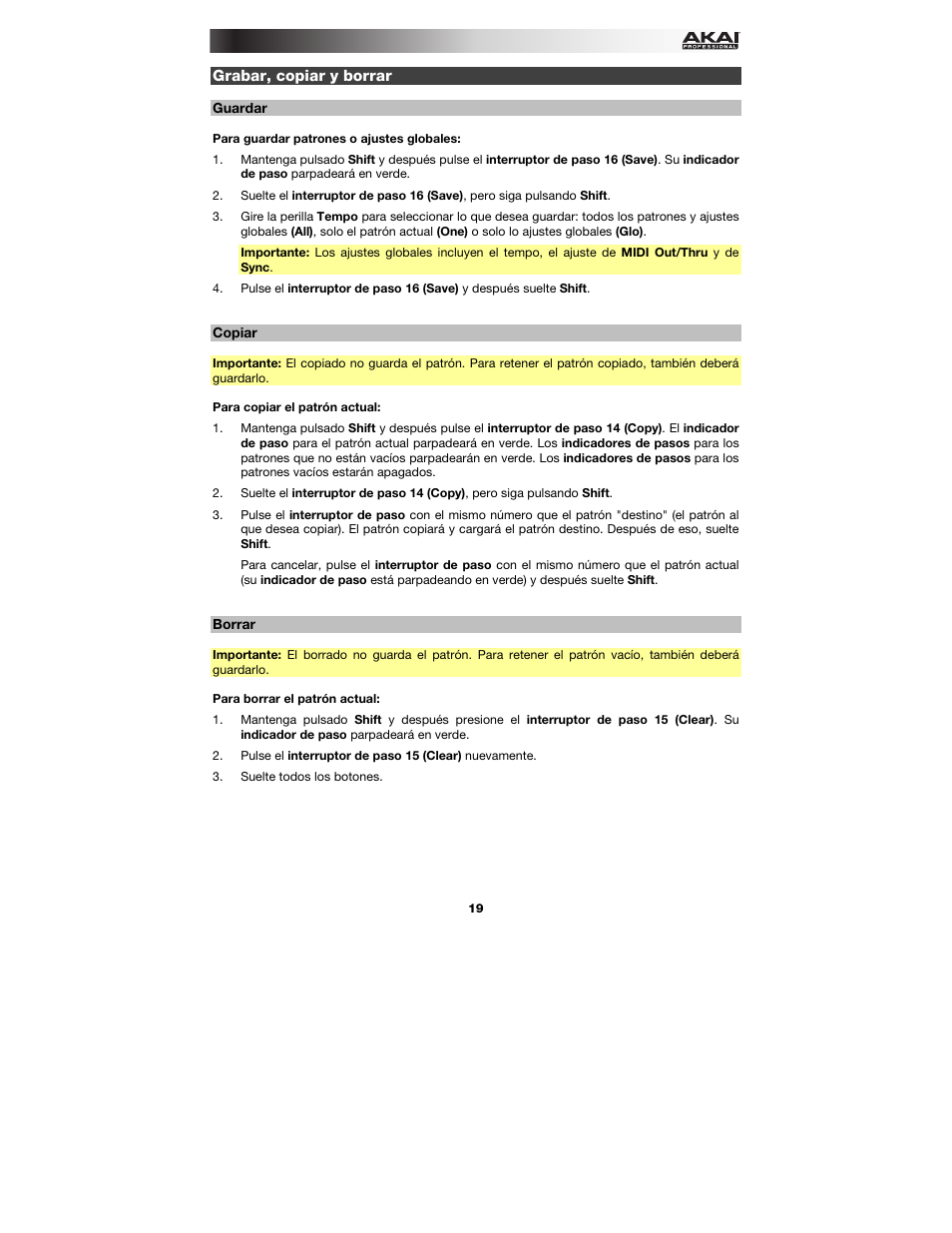 Grabar, copiar y borrar, Guardar, Copiar | Borrar, Guardar, copiar y borrar | Akai Rhythm Wolf User Manual | Page 19 / 48