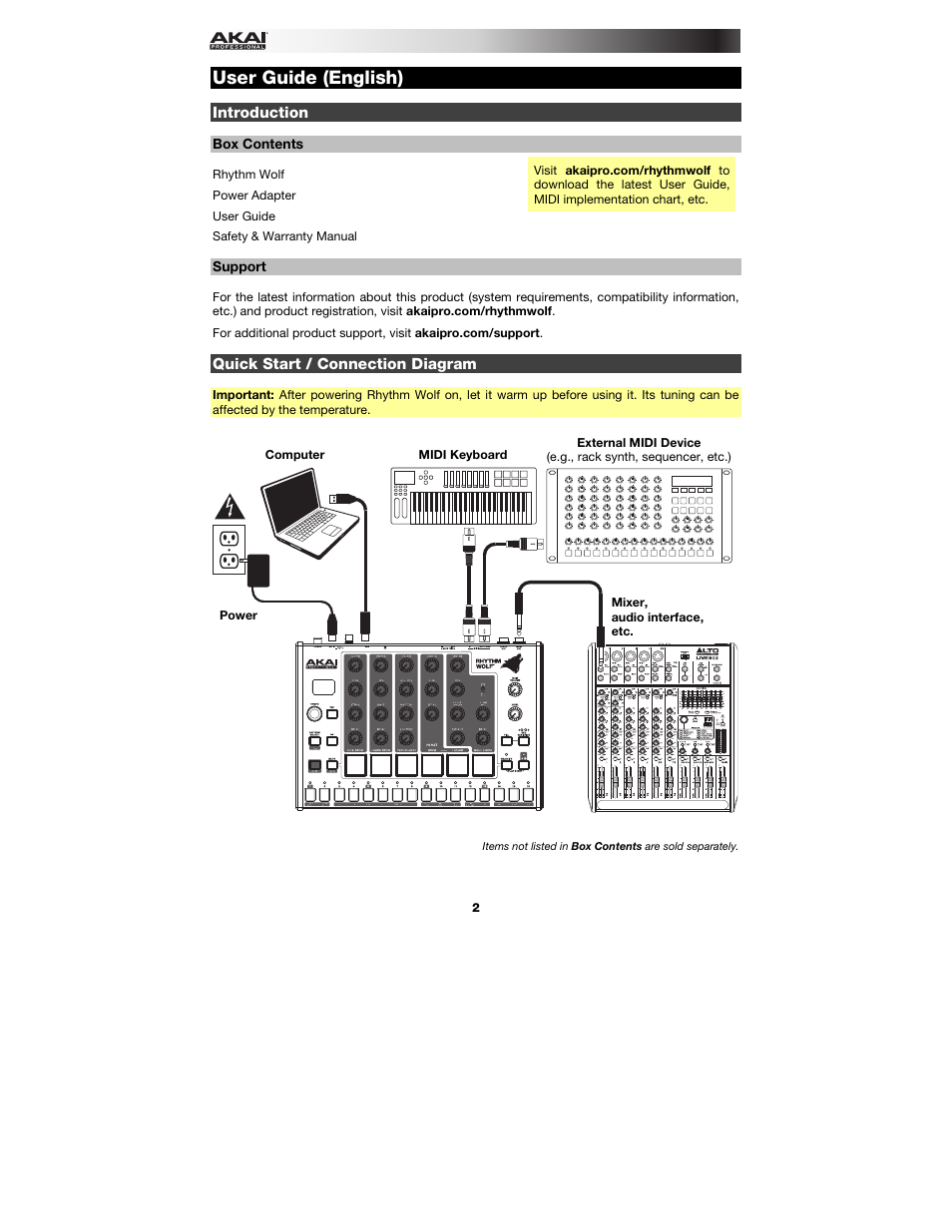 User guide (english), Introduction, Box contents | Support, Quick start / connection diagram, User guide, English ( 2 – 10 ) | Akai Rhythm Wolf User Manual | Page 2 / 48