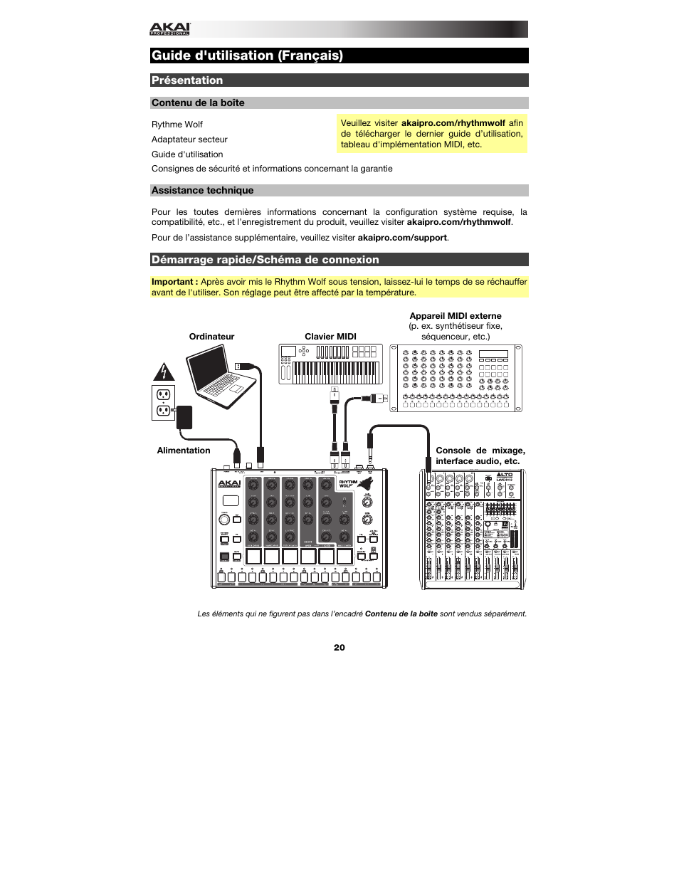 Guide d'utilisation (français), Présentation, Contenu de la boîte | Assistance technique, Démarrage rapide/schéma de connexion, Guide d'utilisation, Français ( 20 – 28 ) | Akai Rhythm Wolf User Manual | Page 20 / 48