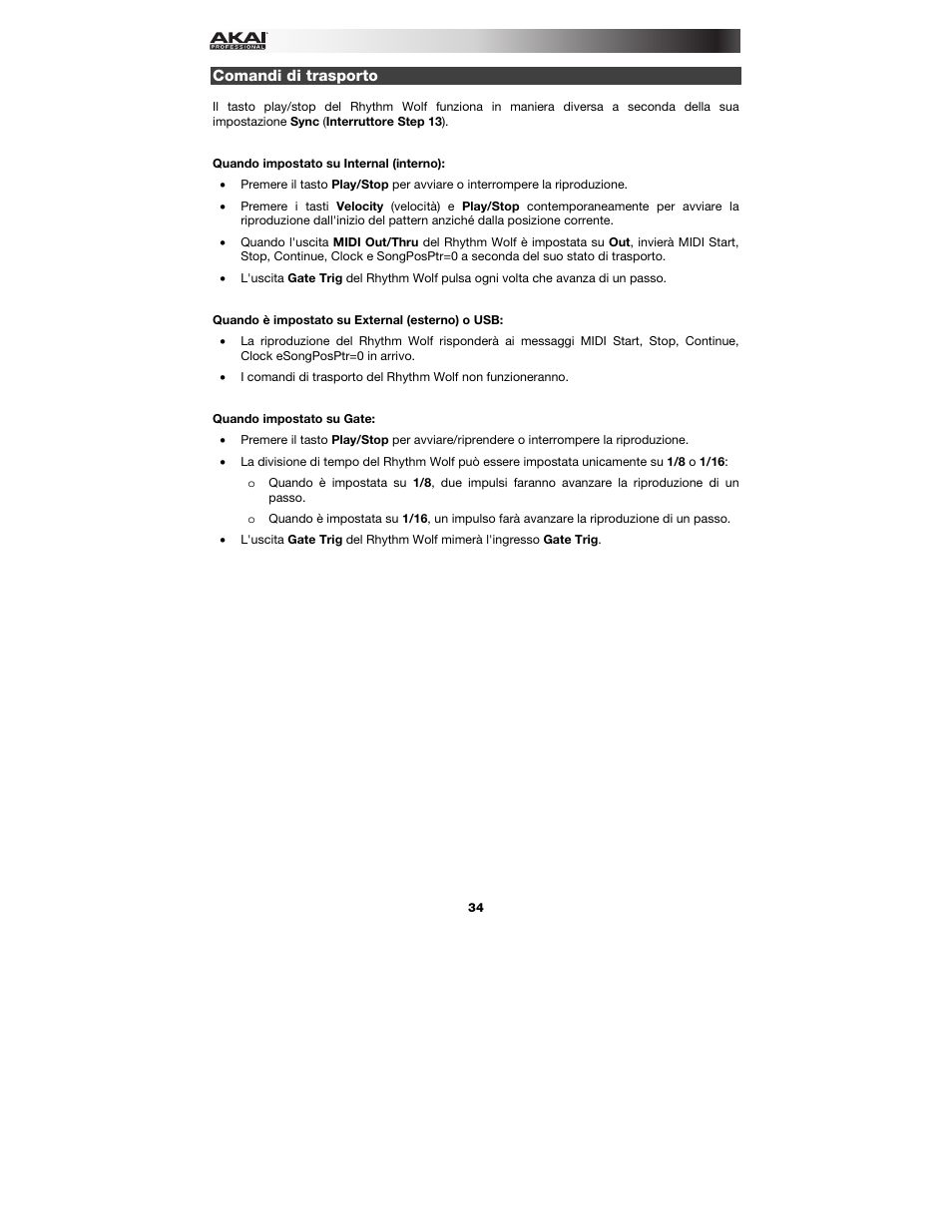 Comandi di trasporto, Controllo del trasporto | Akai Rhythm Wolf User Manual | Page 34 / 48