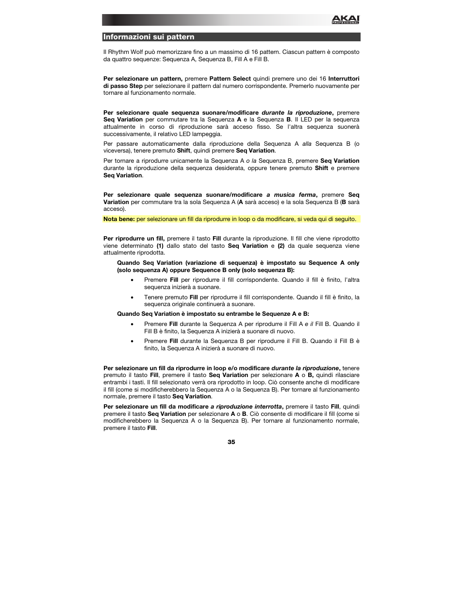 Informazioni sui pattern | Akai Rhythm Wolf User Manual | Page 35 / 48
