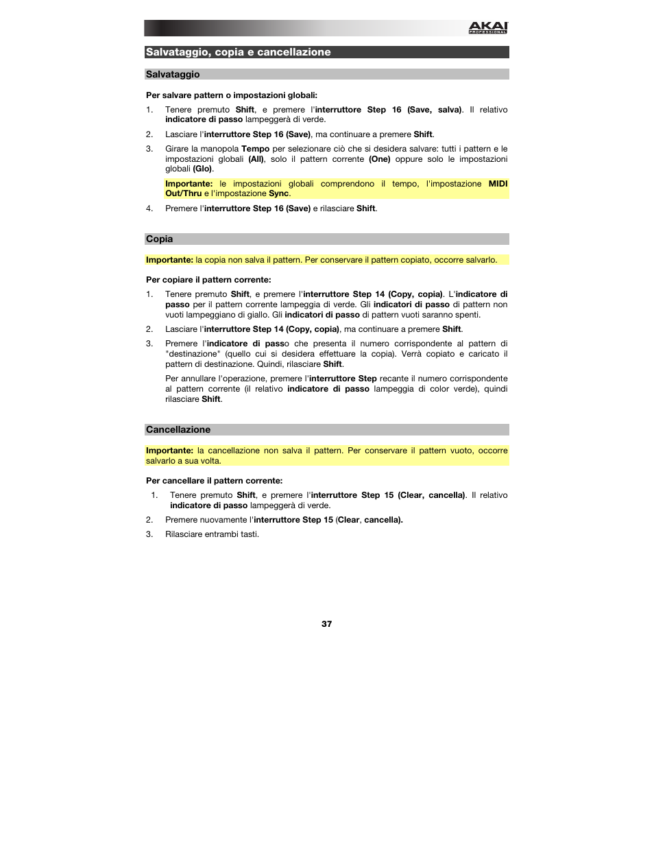 Salvataggio, copia e cancellazione, Salvataggio, Copia | Cancellazione, Salvataggio, copia e | Akai Rhythm Wolf User Manual | Page 37 / 48
