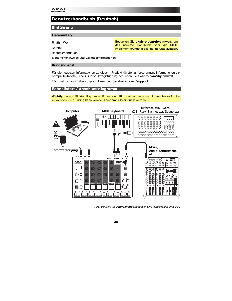 Benutzerhandbuch (deutsch), Einführung, Lieferumfang | Kundendienst, Schnellstart / anschlussdiagramm, Benutzerhandbuch, Deutsch ( 38 – 46 ) | Akai Rhythm Wolf User Manual | Page 38 / 48